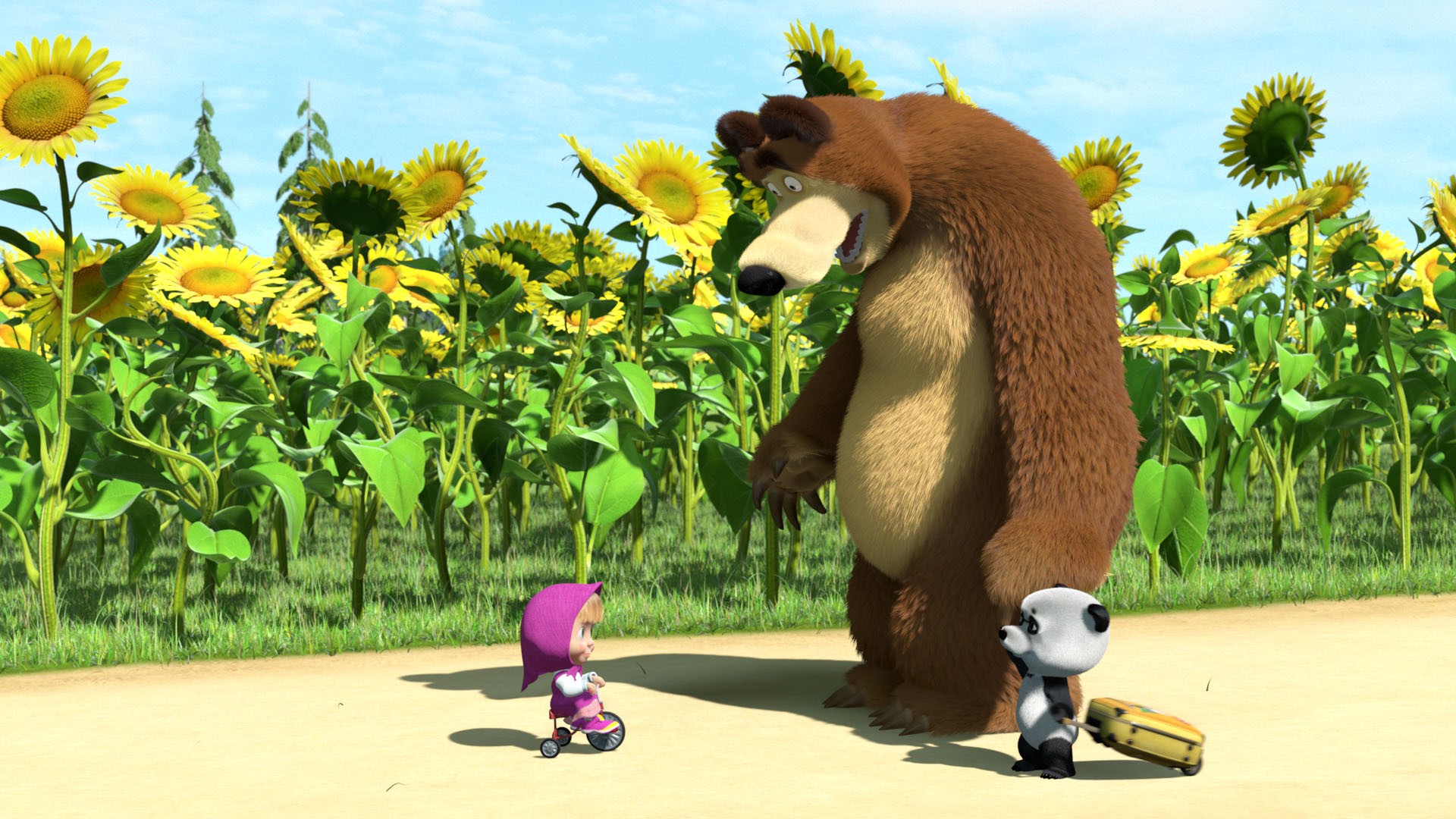 Masha and the Bear in a sunflower field HD Wallpaper