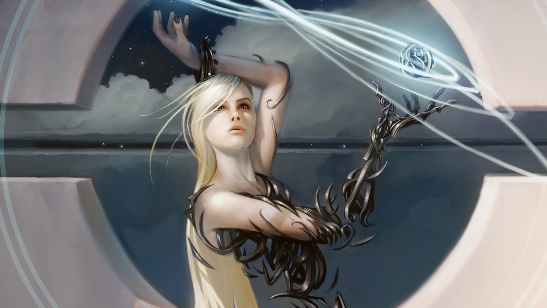 Woman with mechanical arms and glowing orb HD Wallpaper