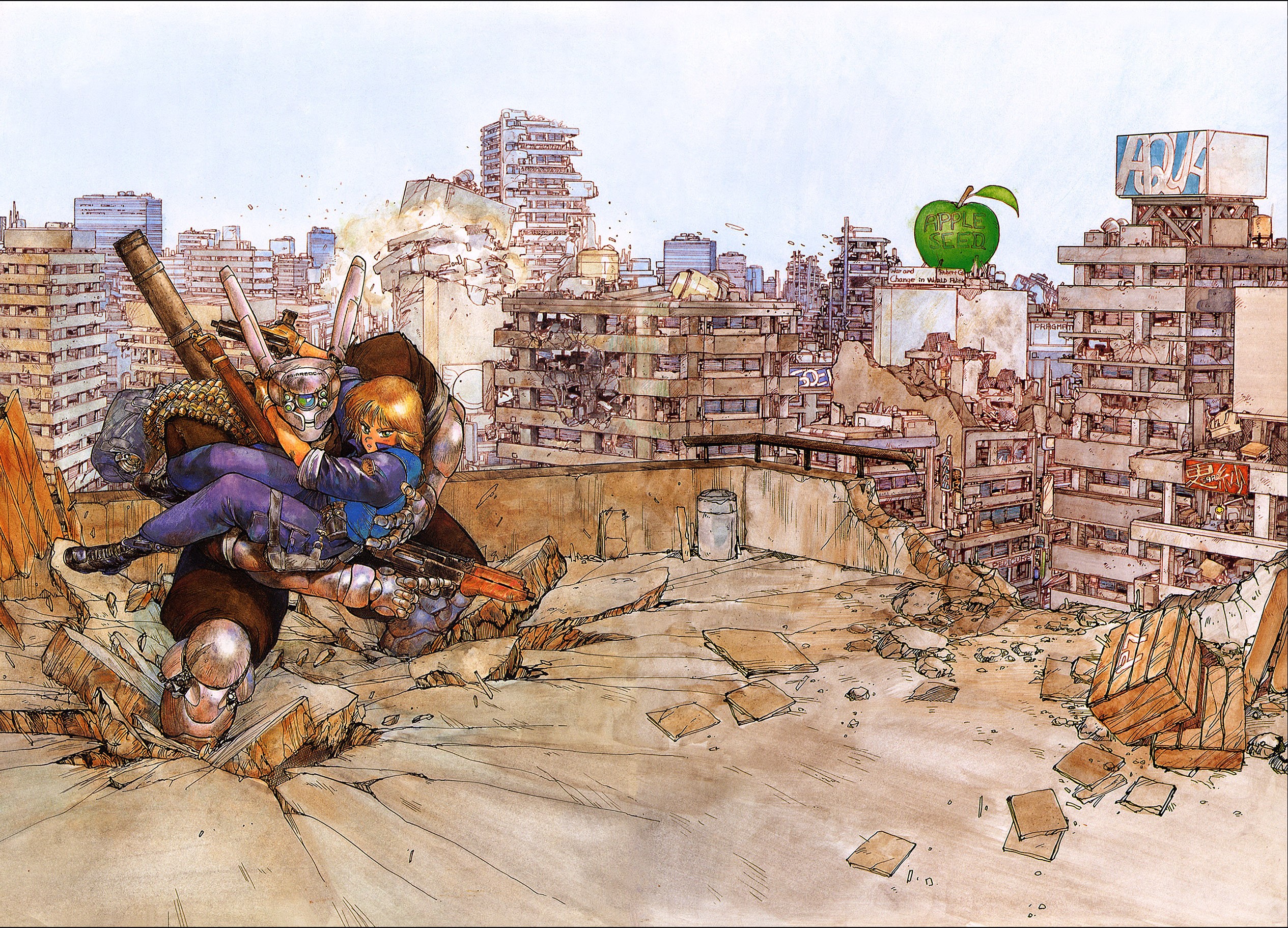 Girl and robot in destroyed city HD Wallpaper