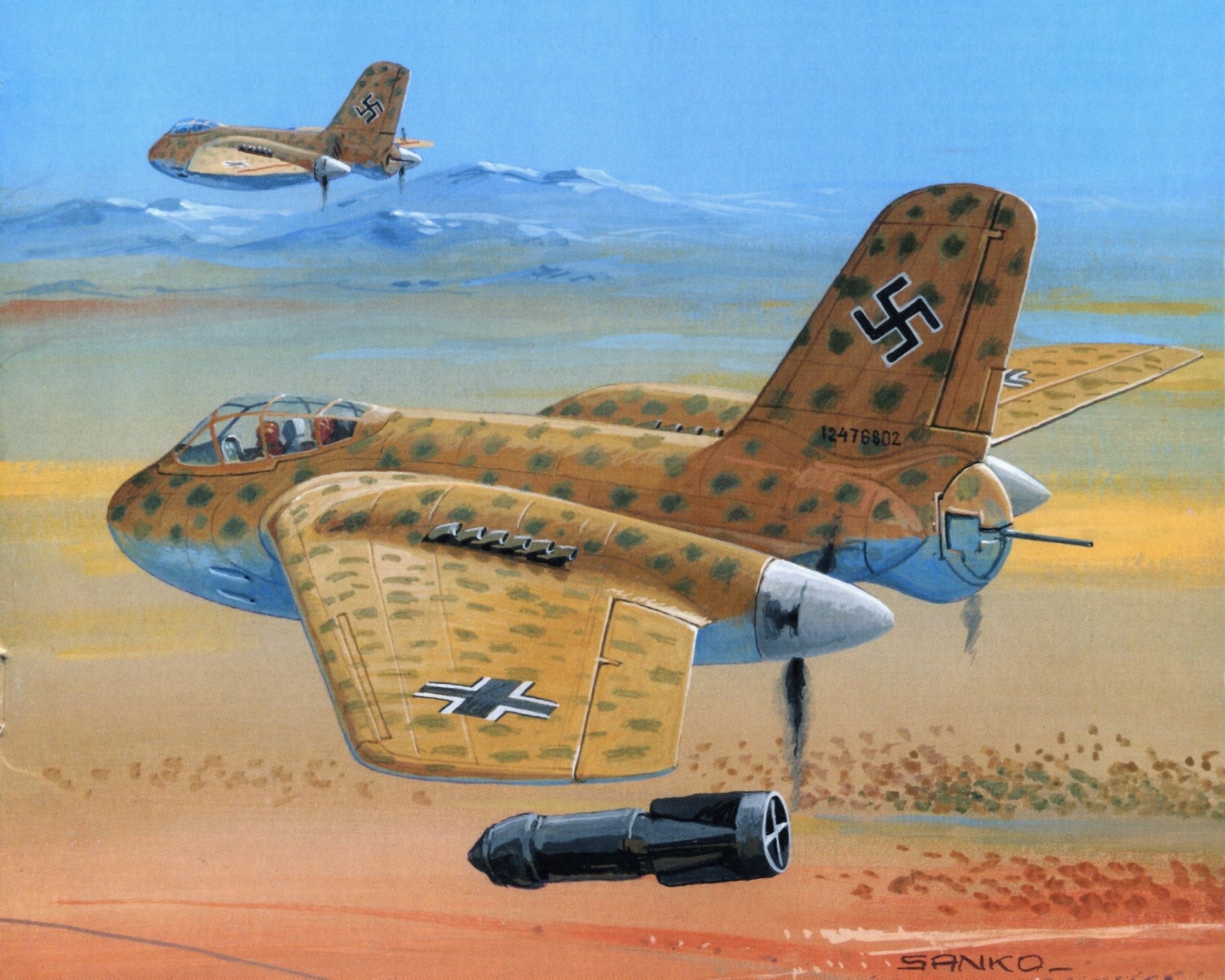 Painting of German Arado Ar 234 bomber aircraft in flight HD Wallpaper