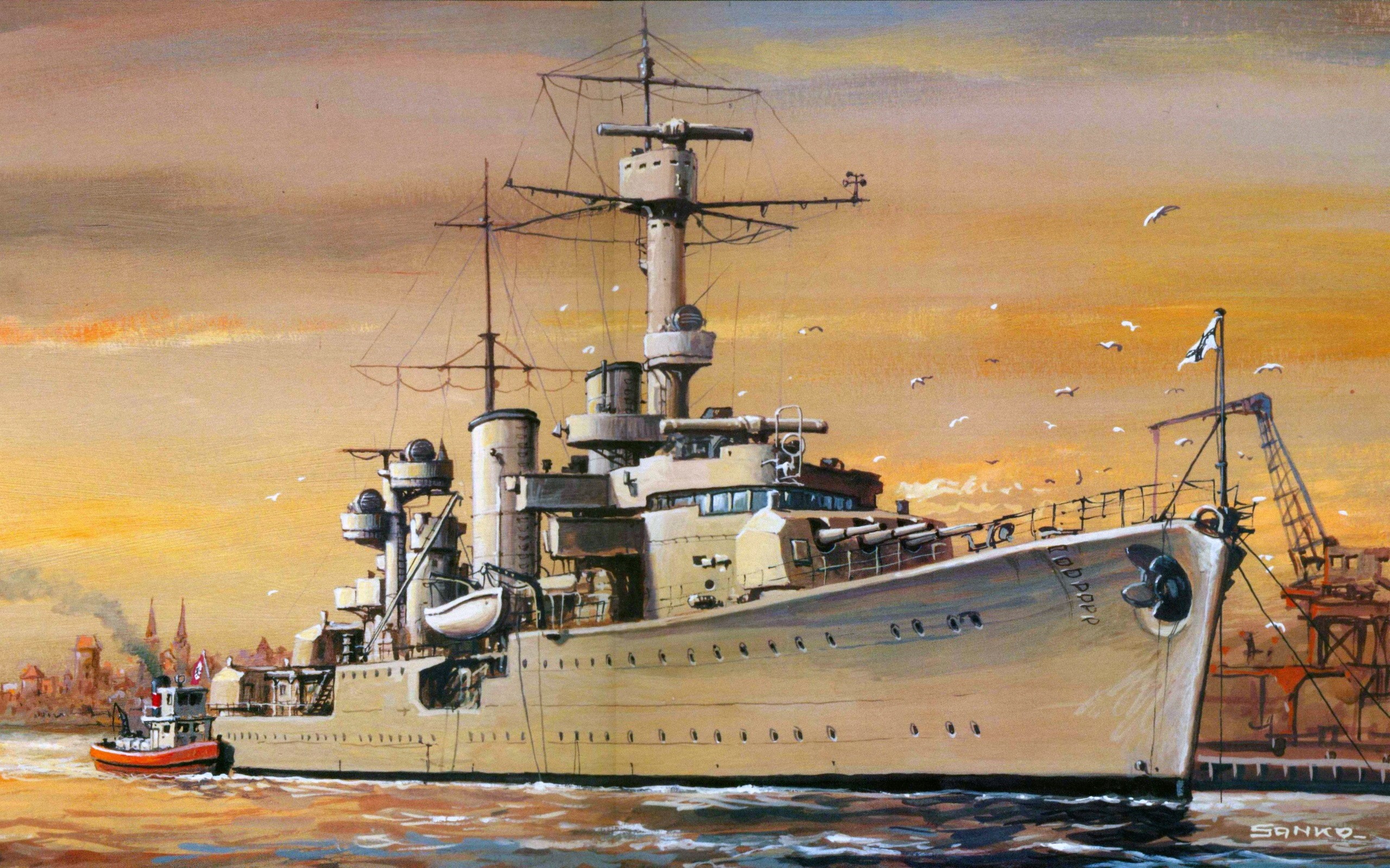 Painting of a warship with a tugboat HD Wallpaper