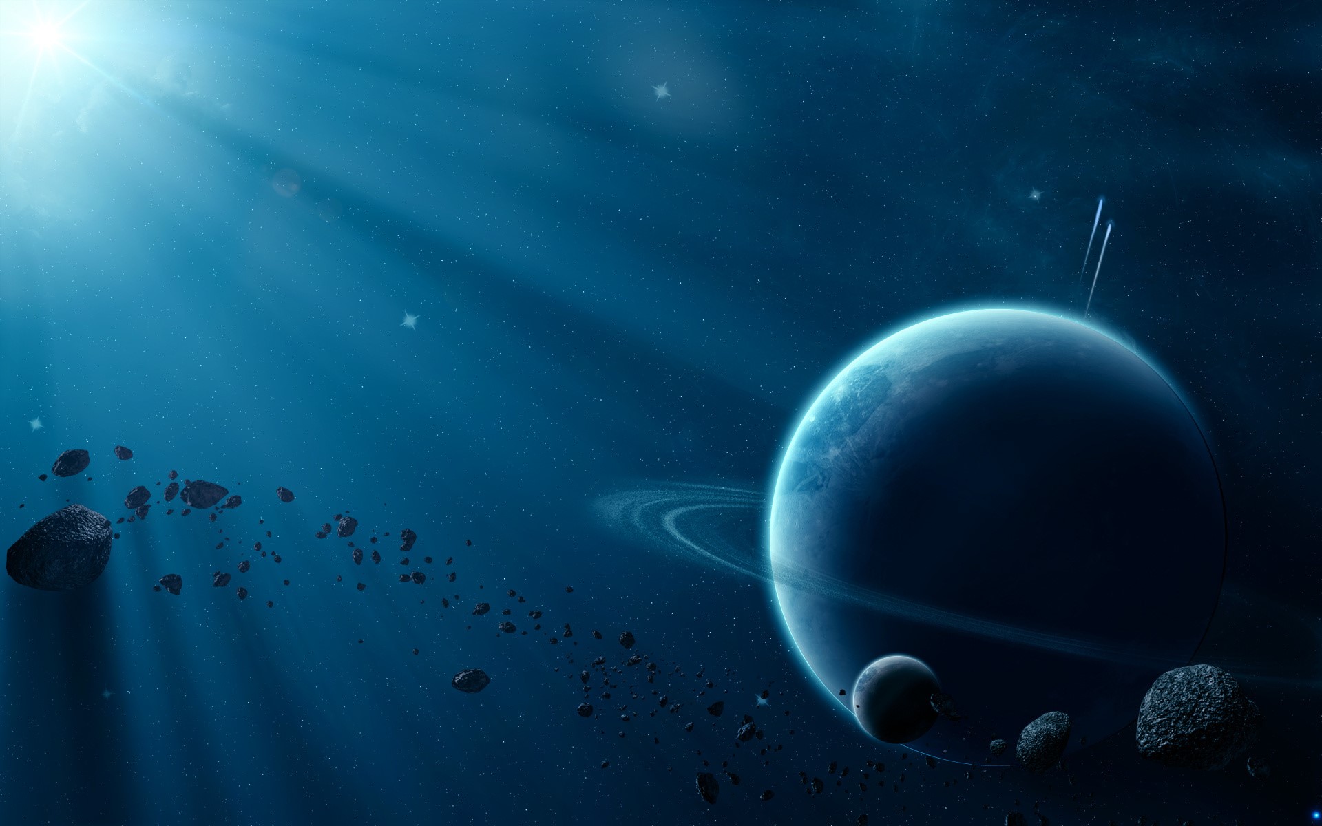 Planet with rings and moons in space with asteroids HD Wallpaper