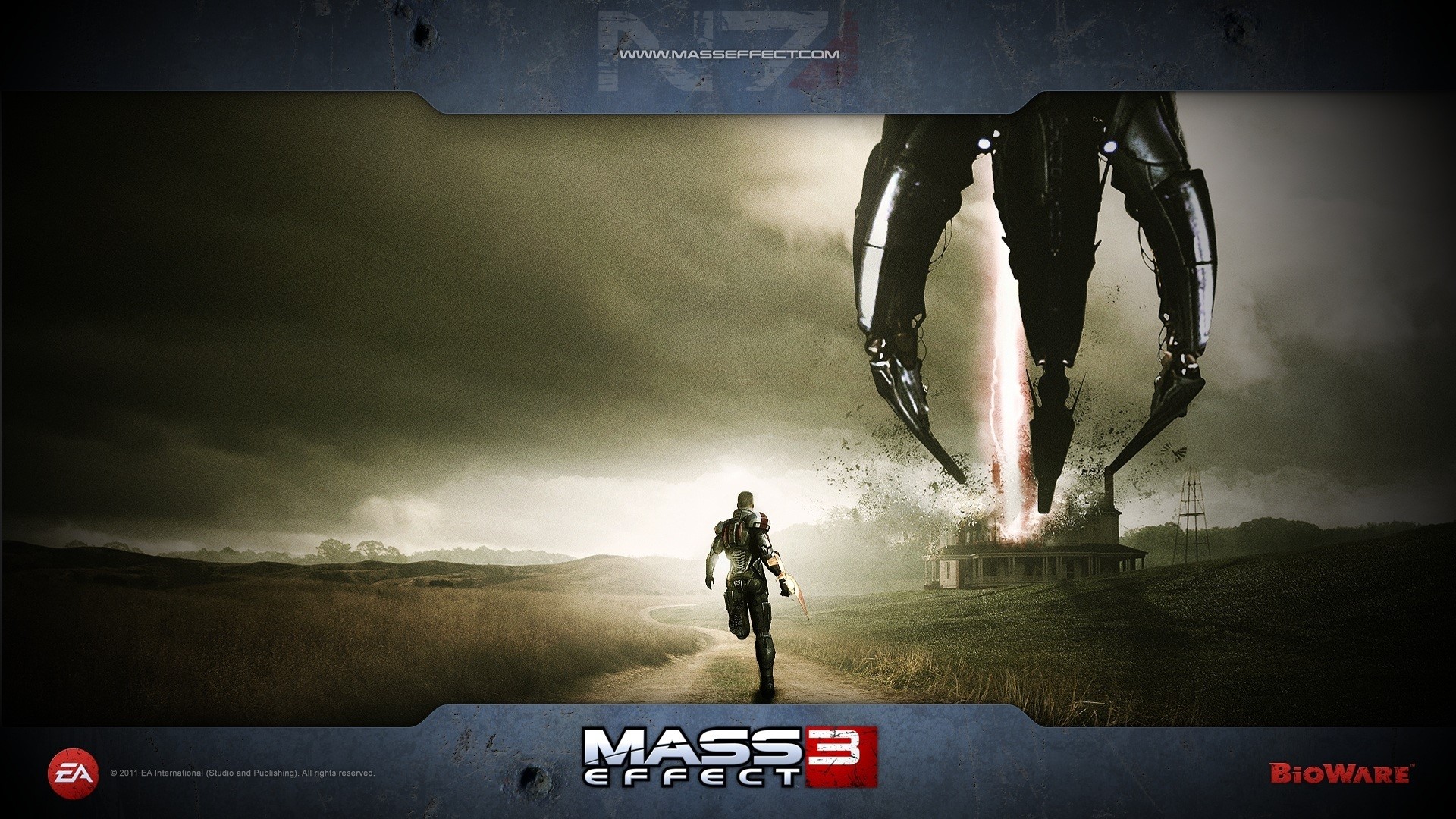Mass Effect 3 Reaper attacking a house with a soldier running HD Wallpaper