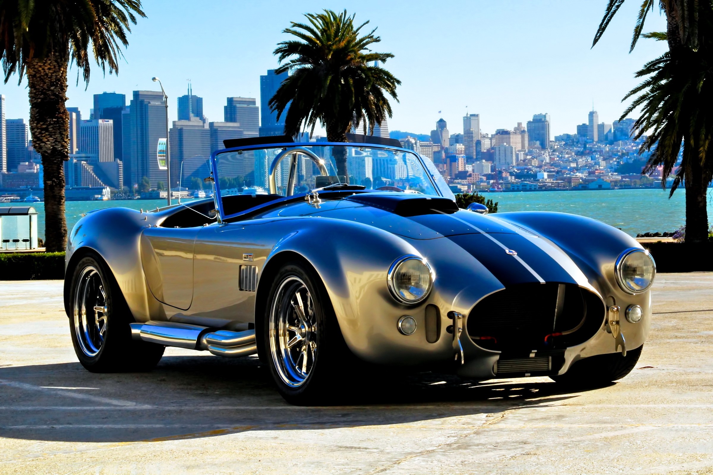 Shelby Cobra Roadster with San Francisco skyline HD Wallpaper