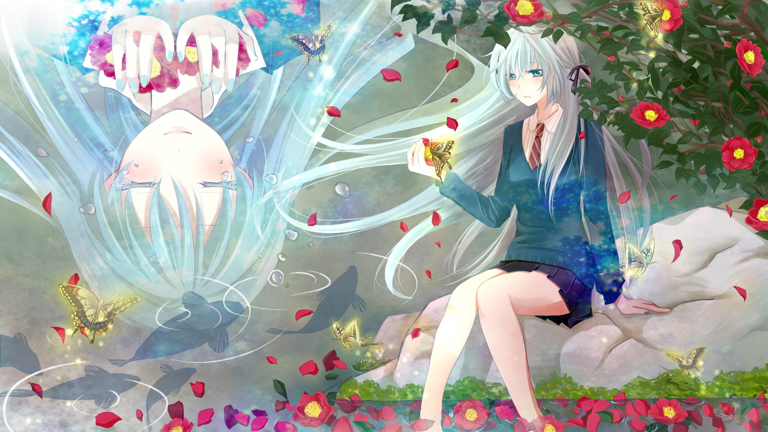Hatsune Miku from Vocaloid in a surreal water garden HD Wallpaper