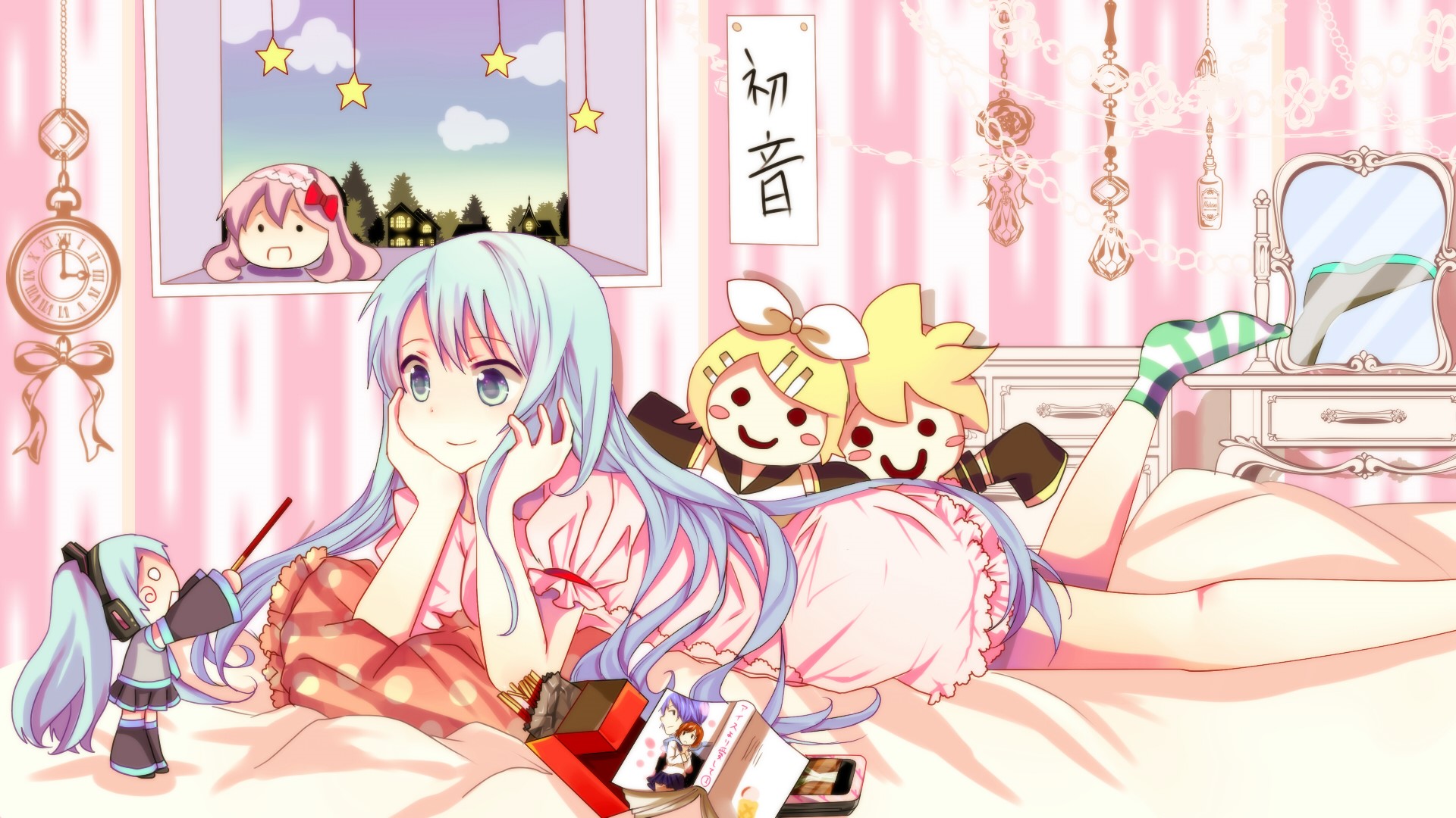 Hatsune Miku and friends in a pink bedroom HD Wallpaper