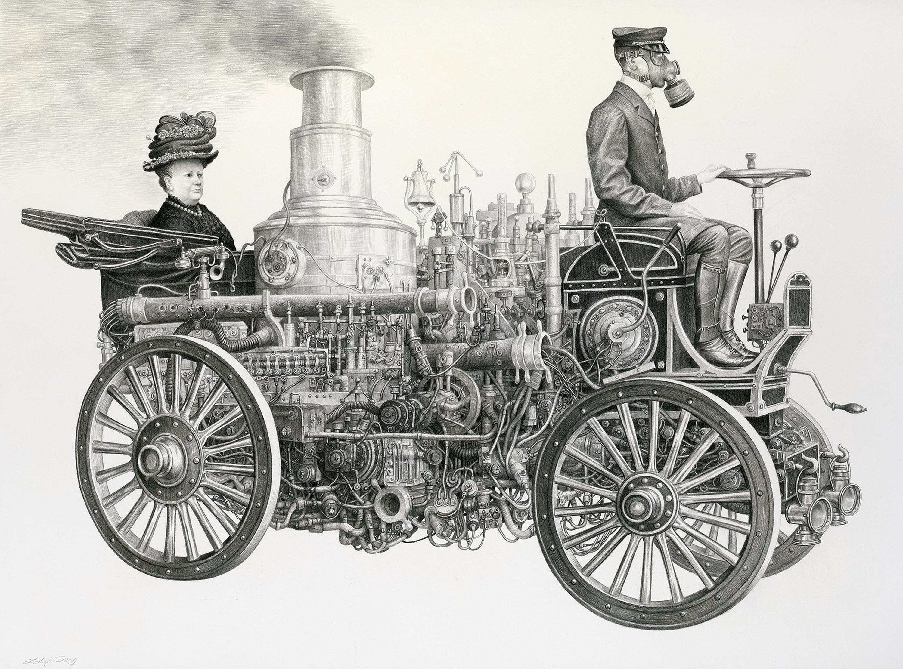 Steampunk vehicle with two figures HD Wallpaper