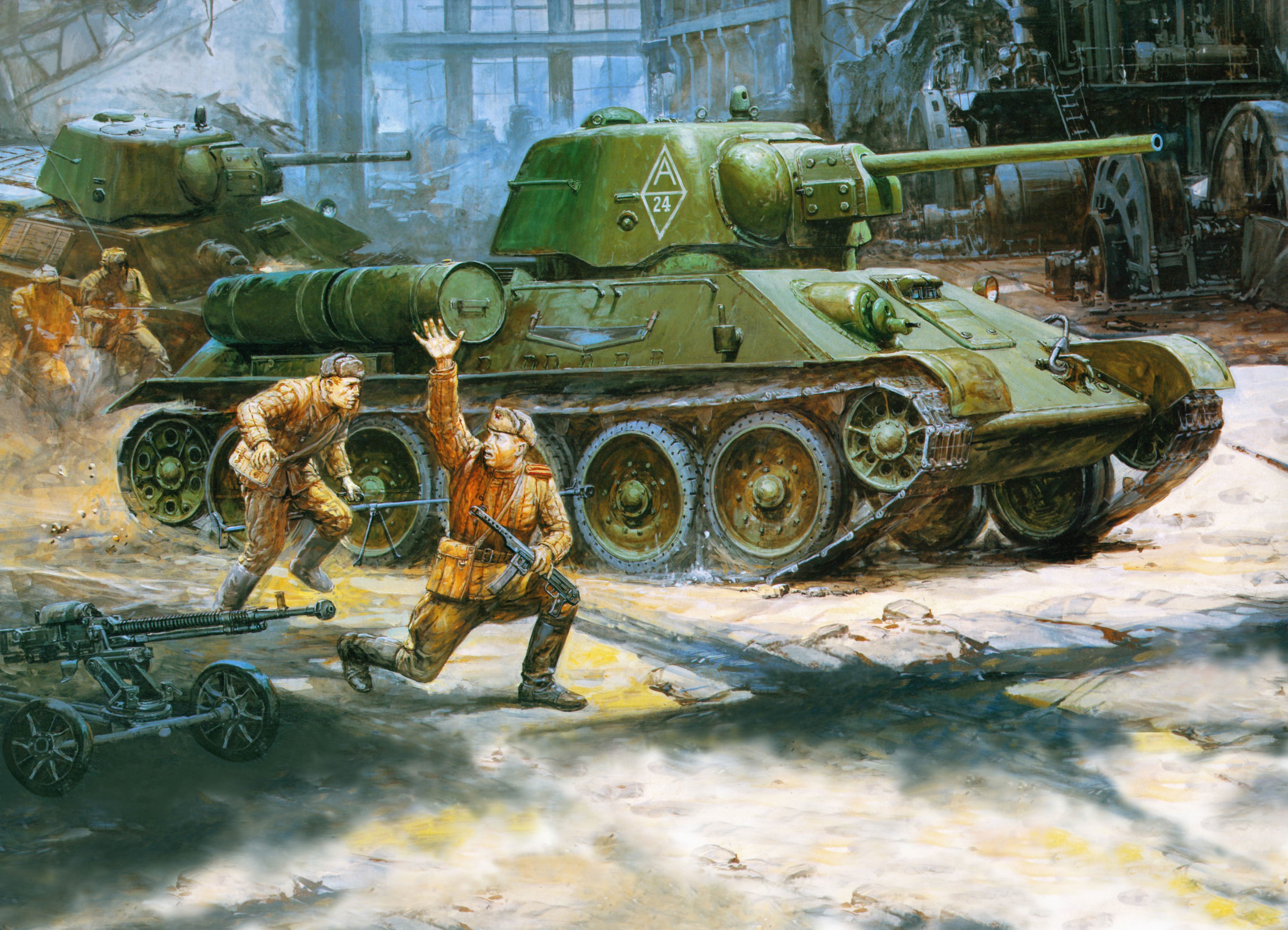 T-34/76 Tanks and Soldiers in Battle HD Wallpaper