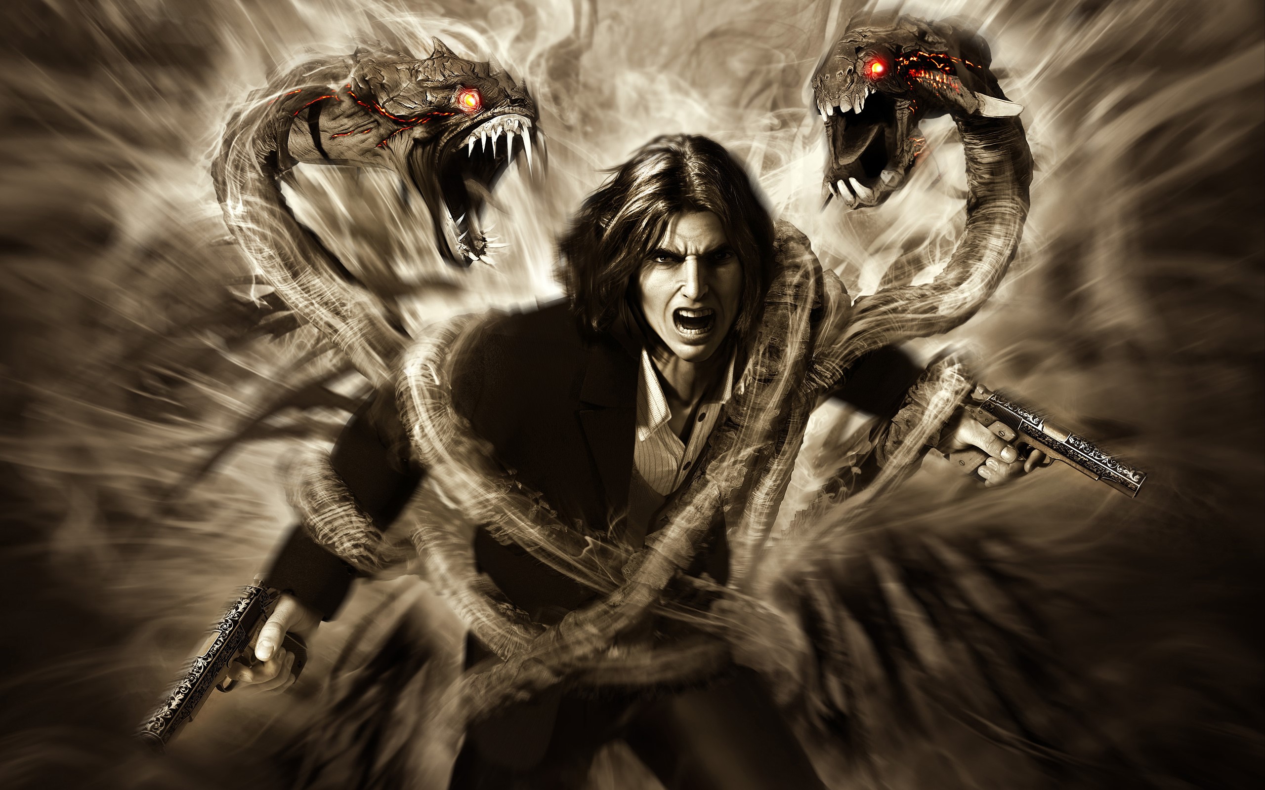 Jackie Estacado from The Darkness with two snake-like creatures HD Wallpaper