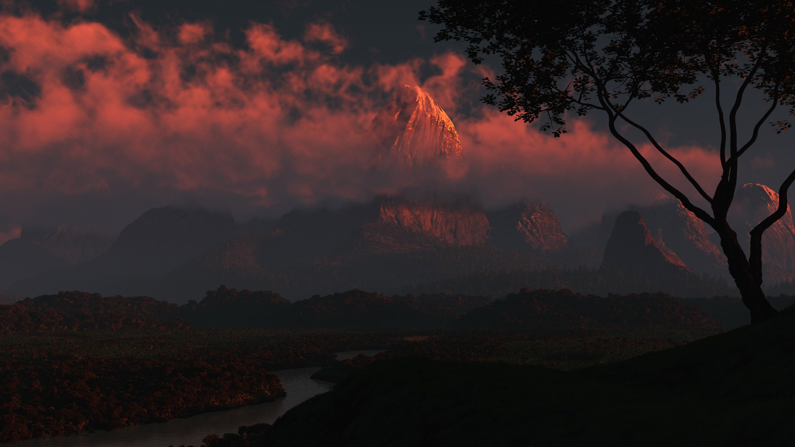 Mountain peak illuminated by sunset clouds over a river valley HD Wallpaper