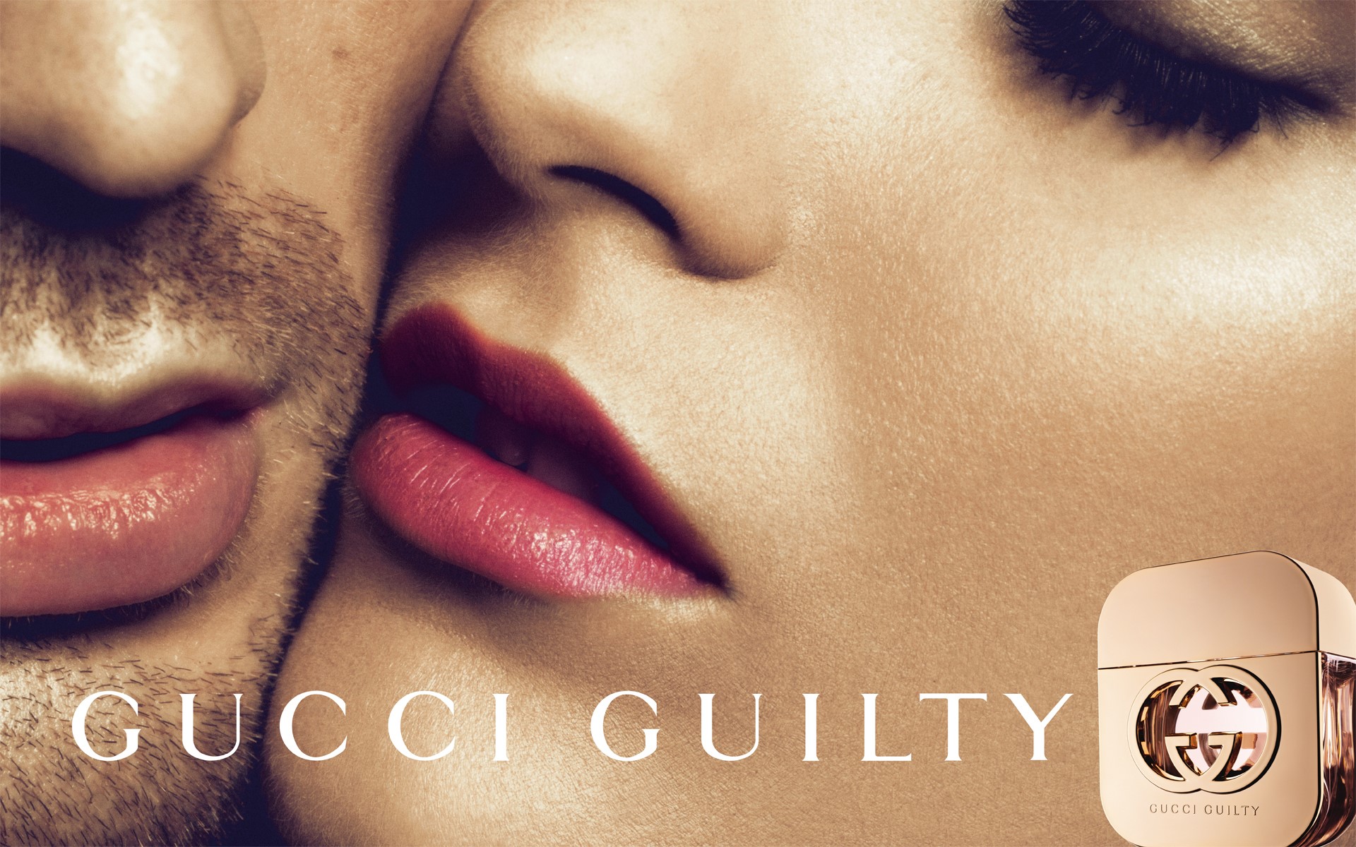 Gucci Guilty Perfume Bottle and Couple HD Wallpaper
