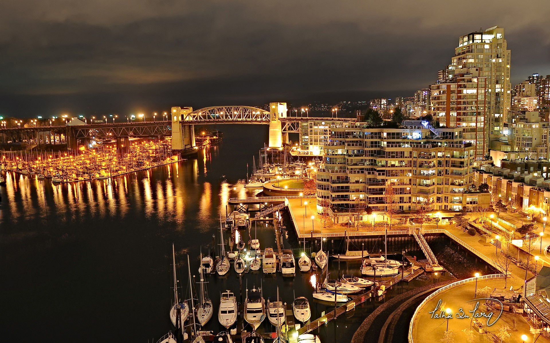 Vancouver bridge and marina at night HD Wallpaper