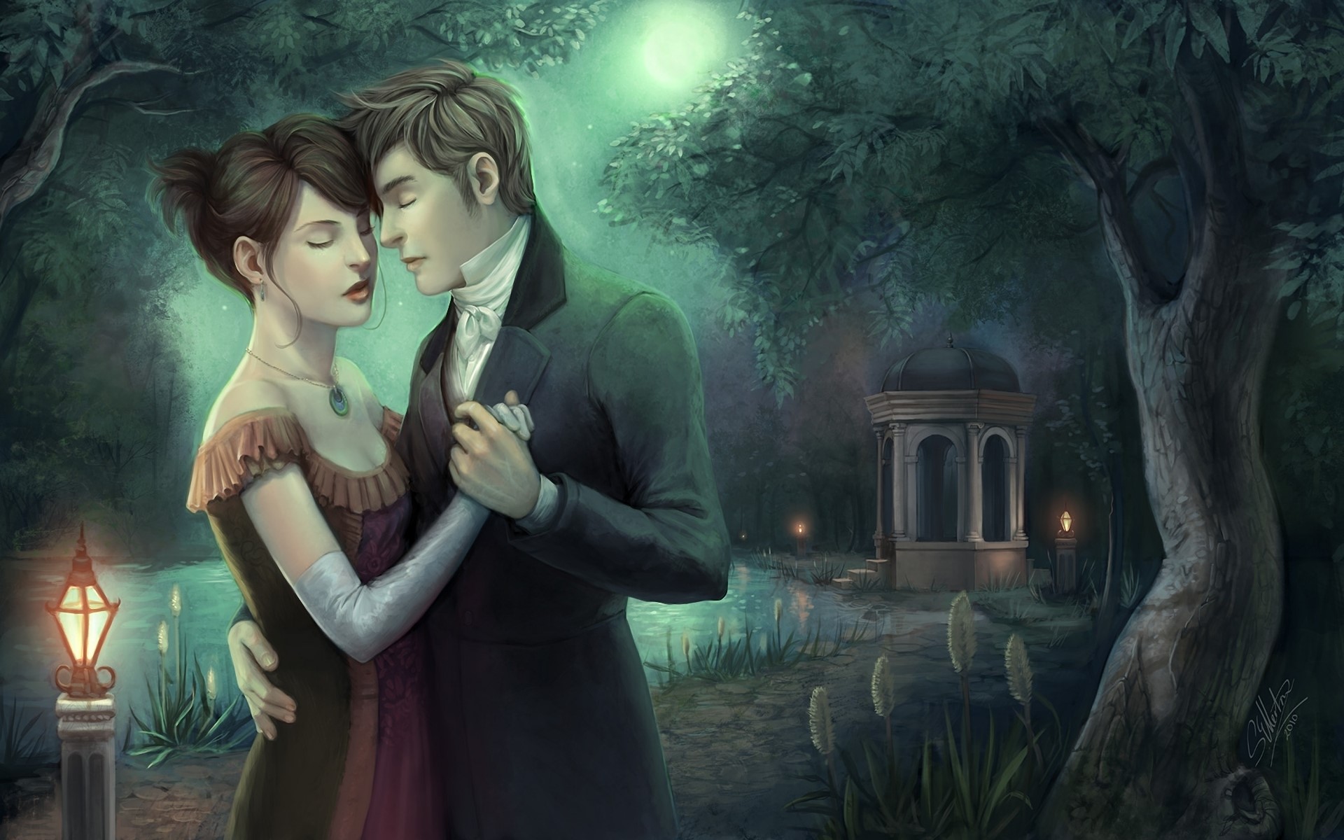 Couple dancing in a moonlit garden HD Wallpaper