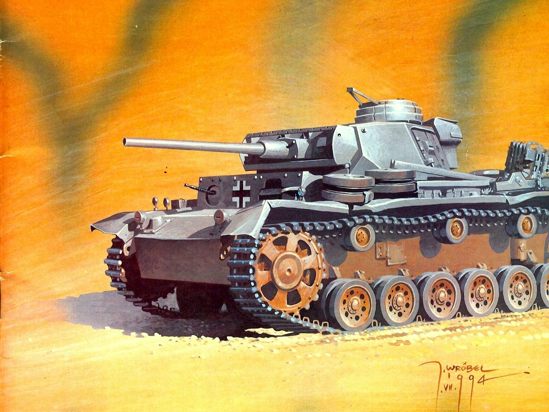 Painting of a German Panzer IV tank in a desert setting HD Wallpaper