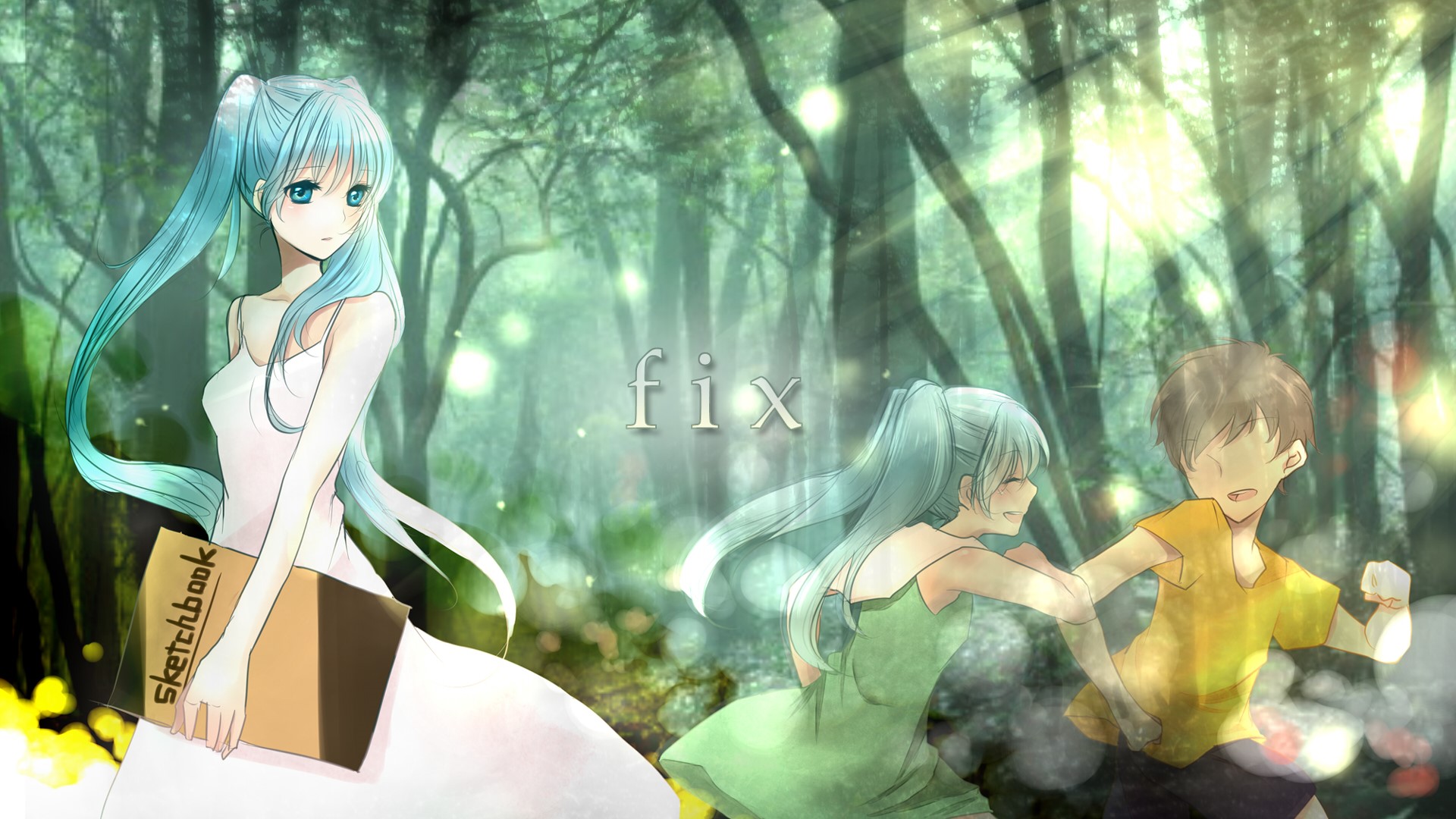 Hatsune Miku and friends in a forest HD Wallpaper