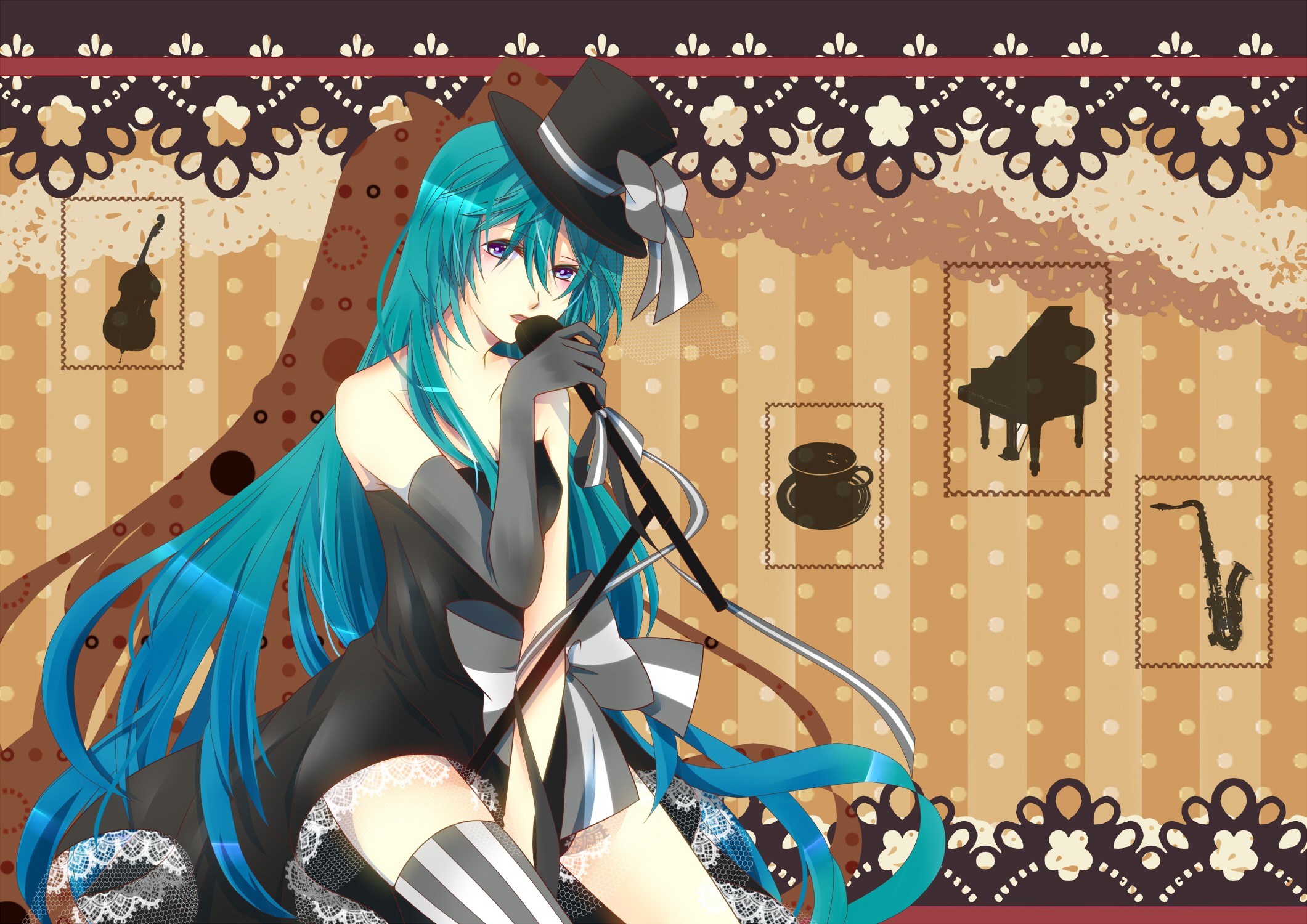 Vocaloid girl singing with microphone and hat HD Wallpaper