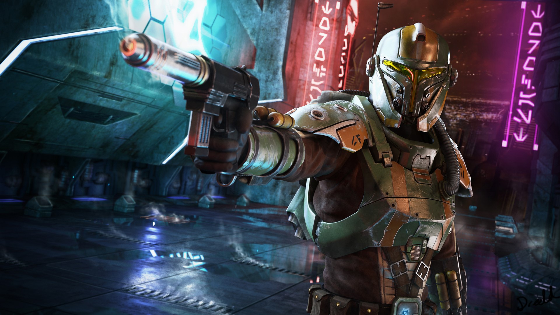 Mandalorian from Star Wars holding a blaster HD Wallpaper