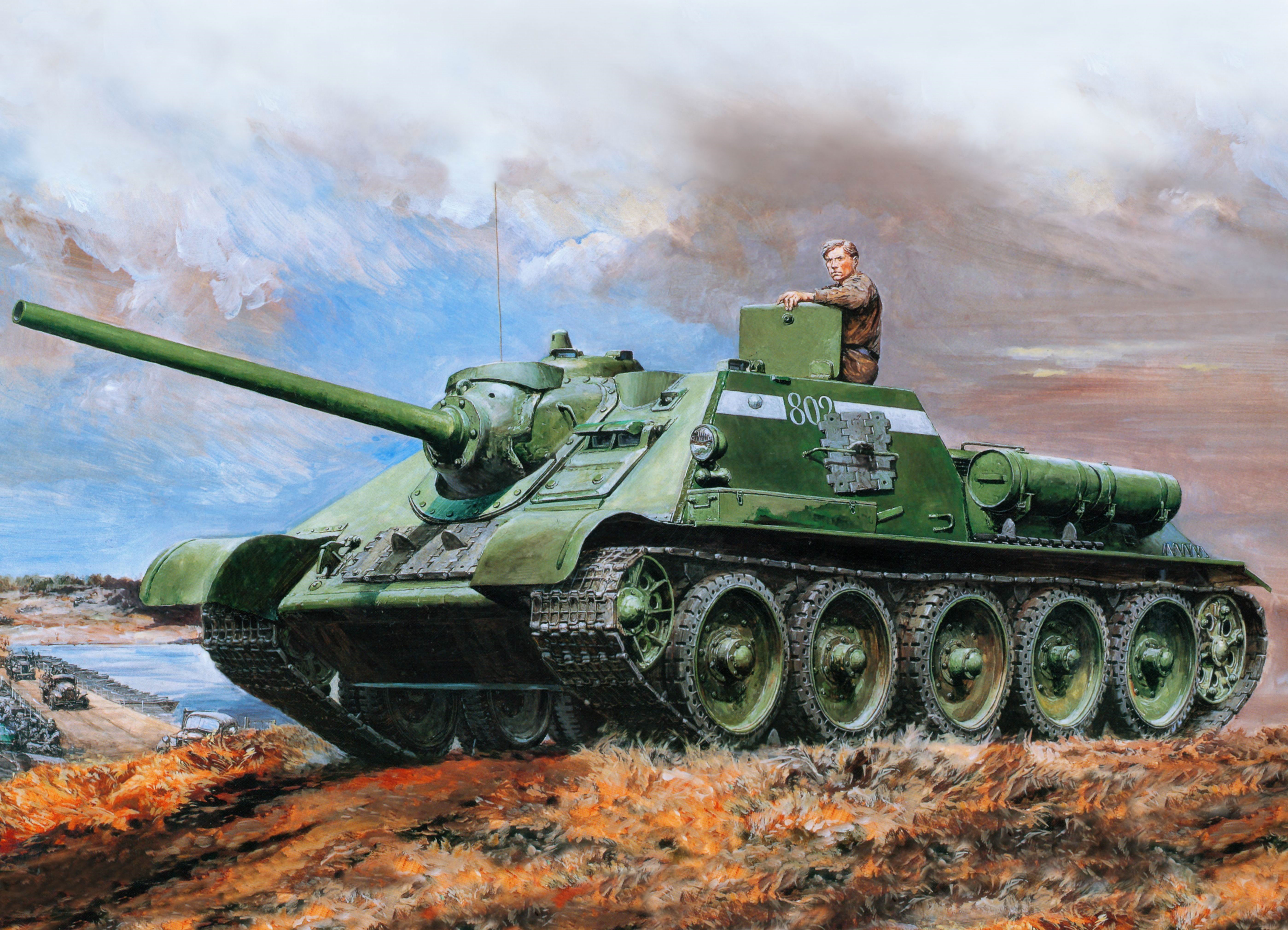 Painting Art of a SU-100 Tank with a Soldier HD Wallpaper