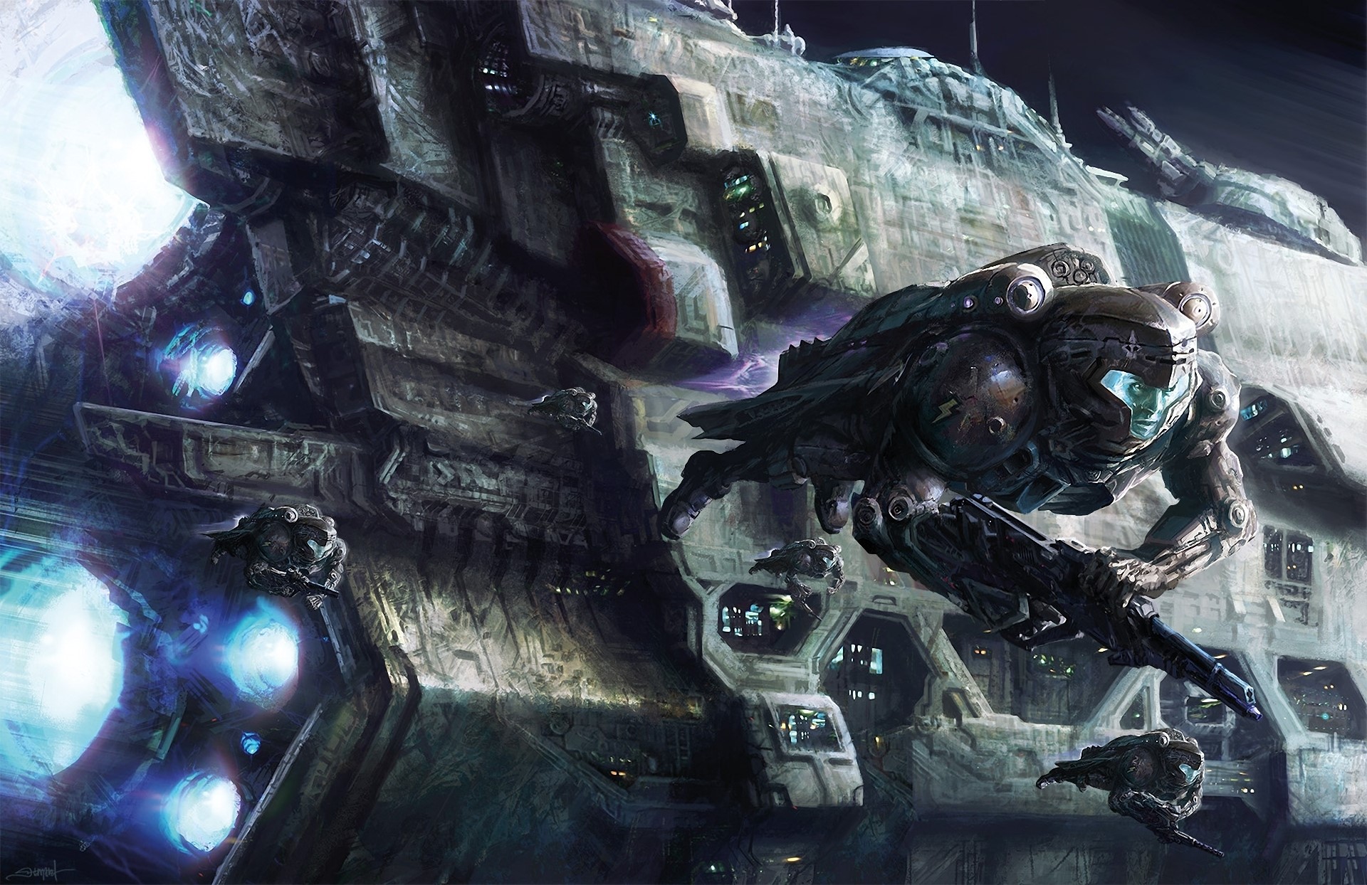Sci-fi soldier and ships near a space station HD Wallpaper
