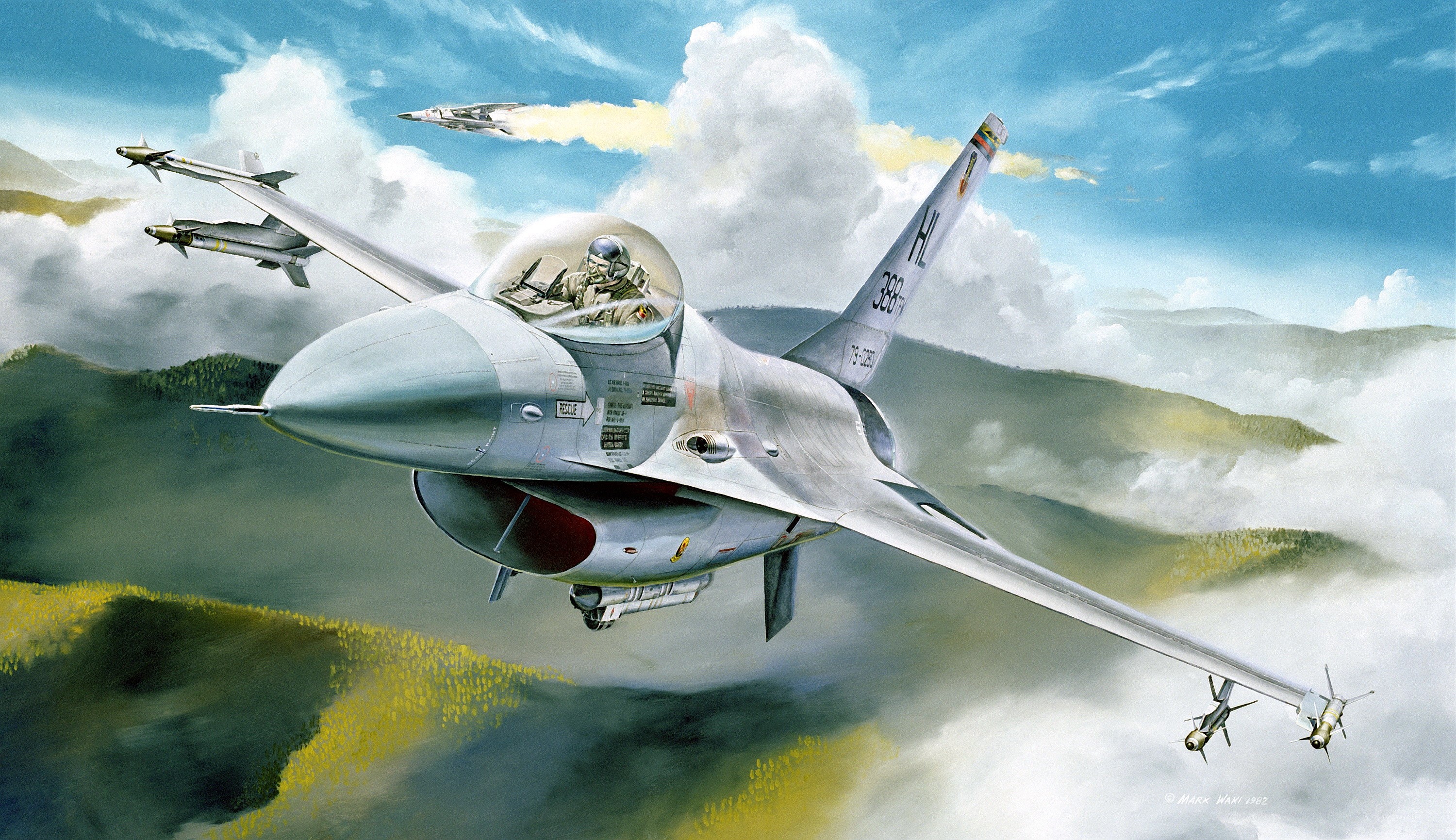 F-16 fighter jet flying over mountains HD Wallpaper