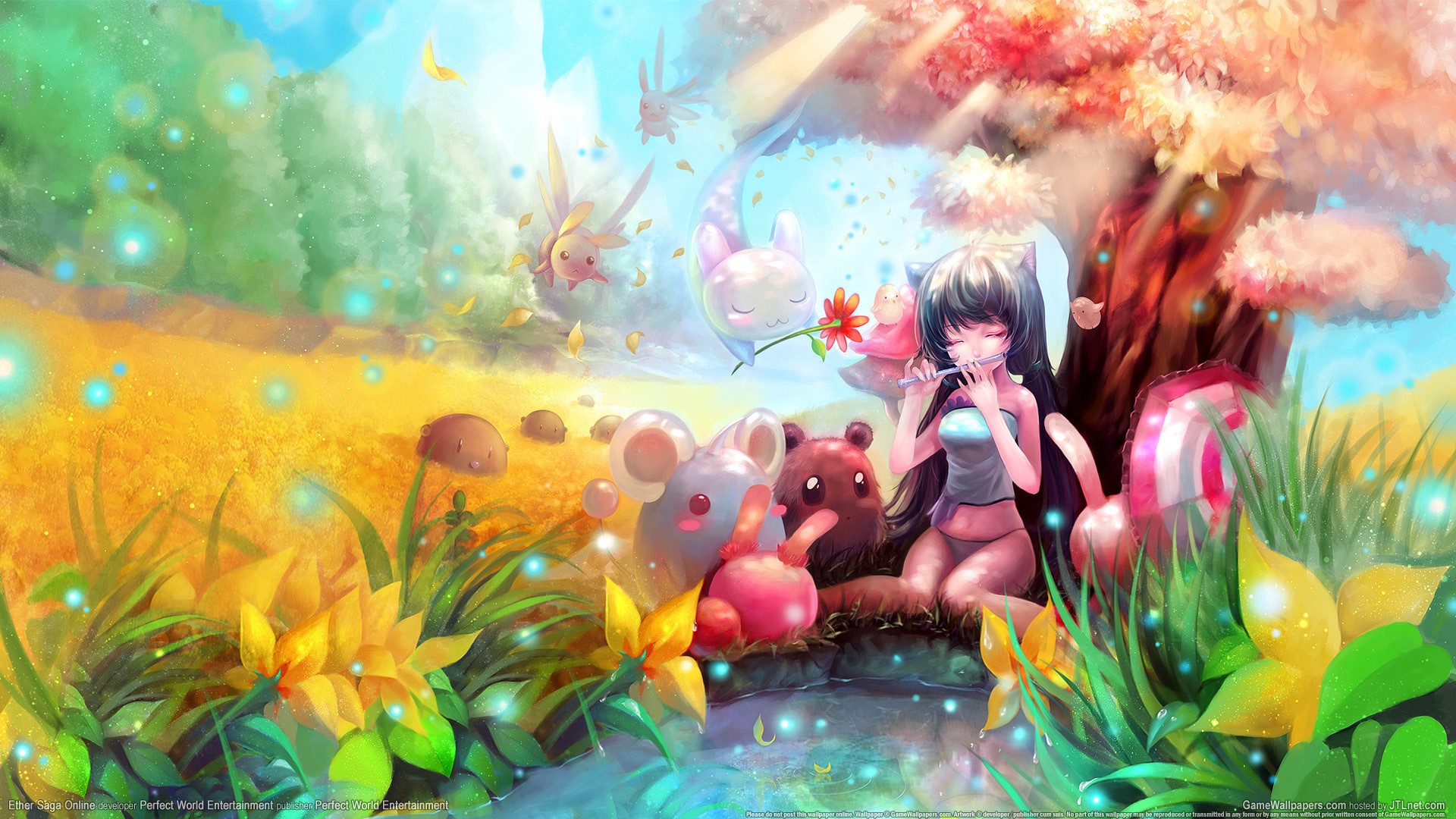 Anime girl playing flute with creatures in Ether Saga Online HD Wallpaper