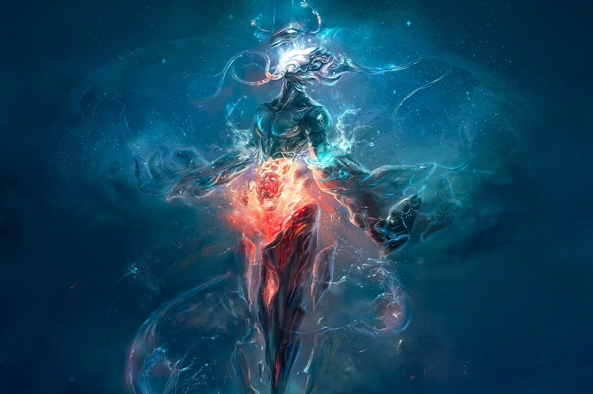 Cosmic being with fiery core in starry nebula HD Wallpaper