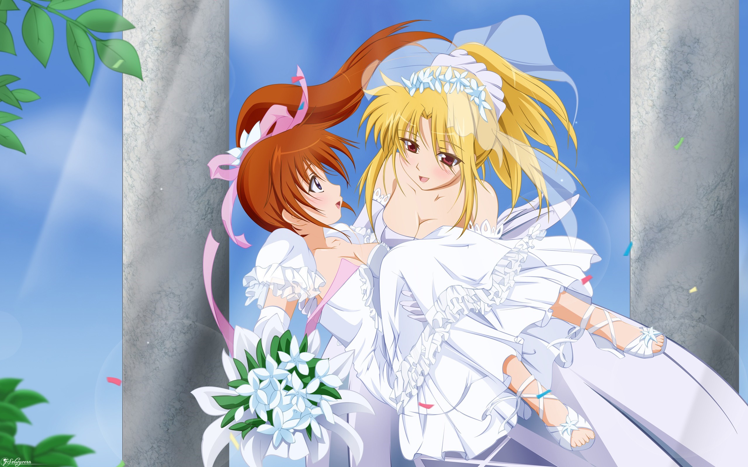 Two brides in wedding dresses with bouquets HD Wallpaper