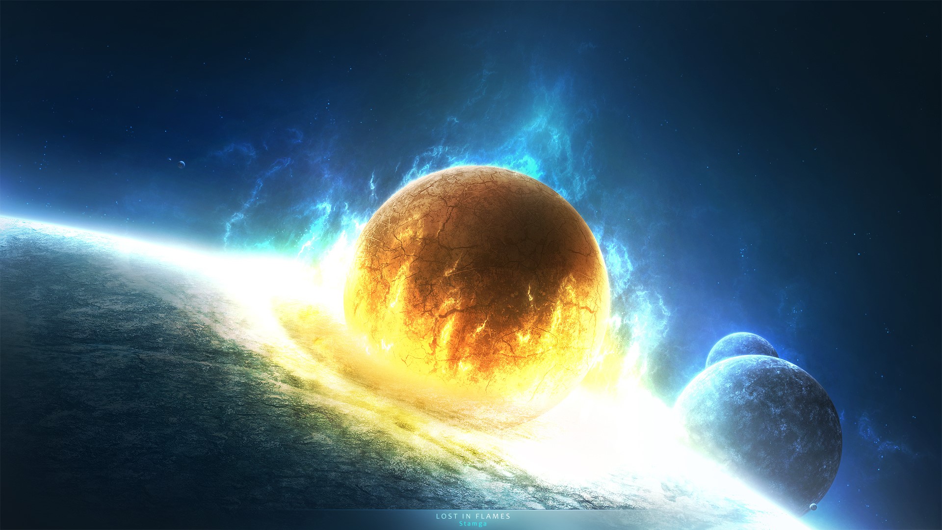 Planetary collision with fiery explosion and moons HD Wallpaper