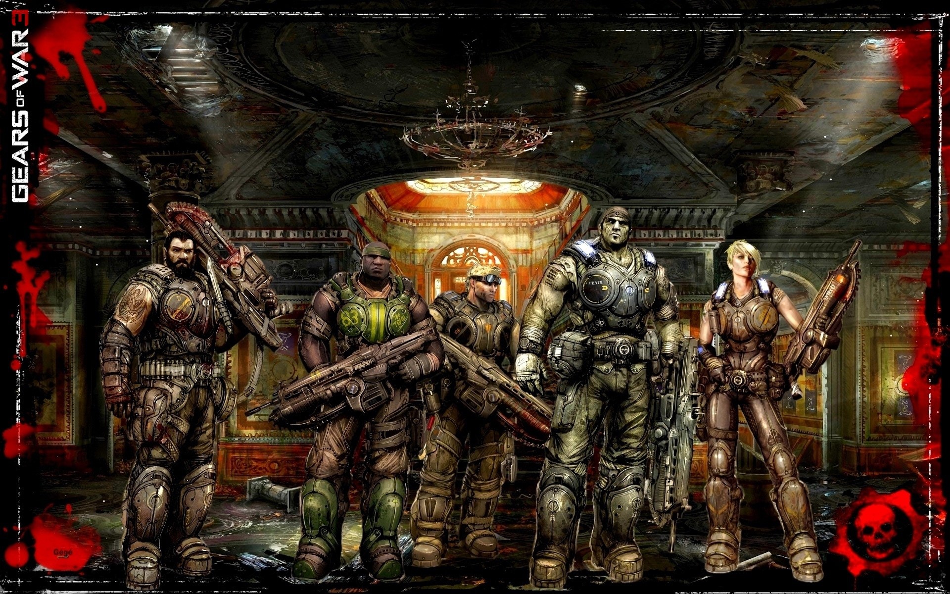 Gears of War 3 characters in a grand hall HD Wallpaper