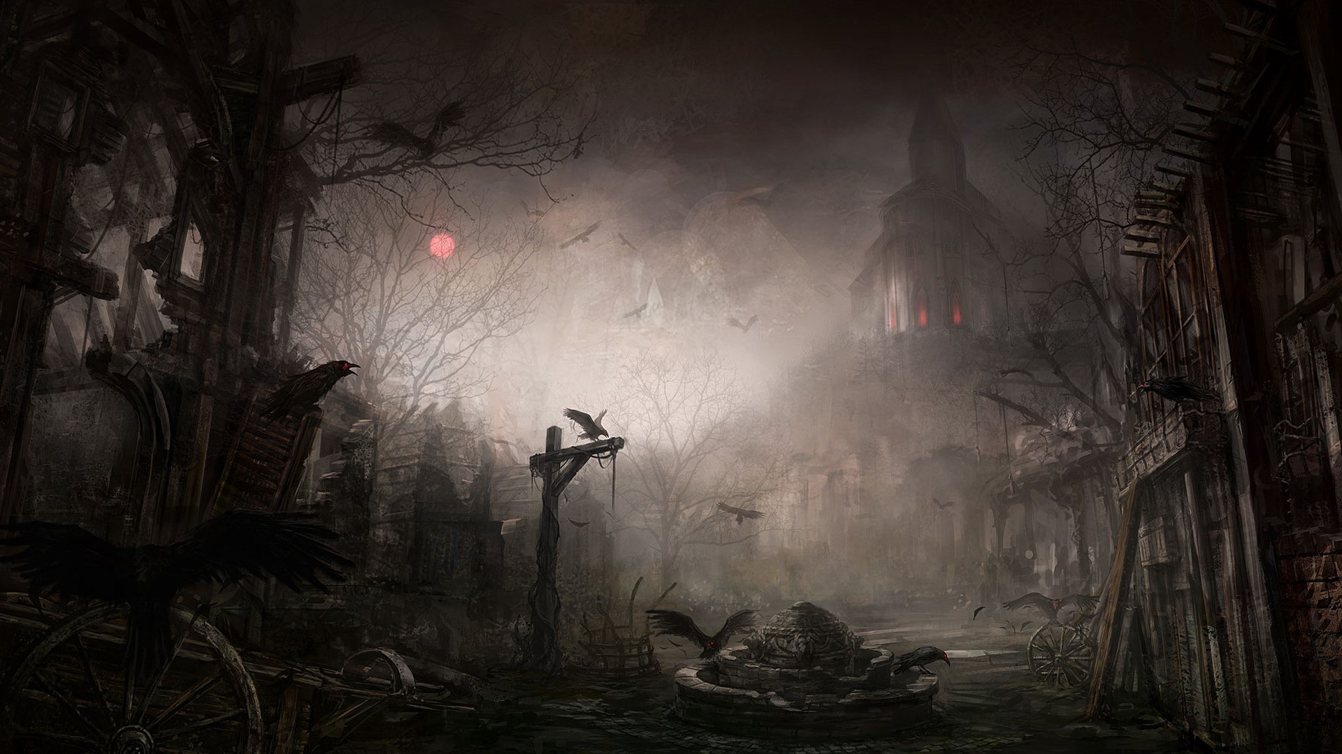 Diablo III: A dark, gothic village with crows HD Wallpaper