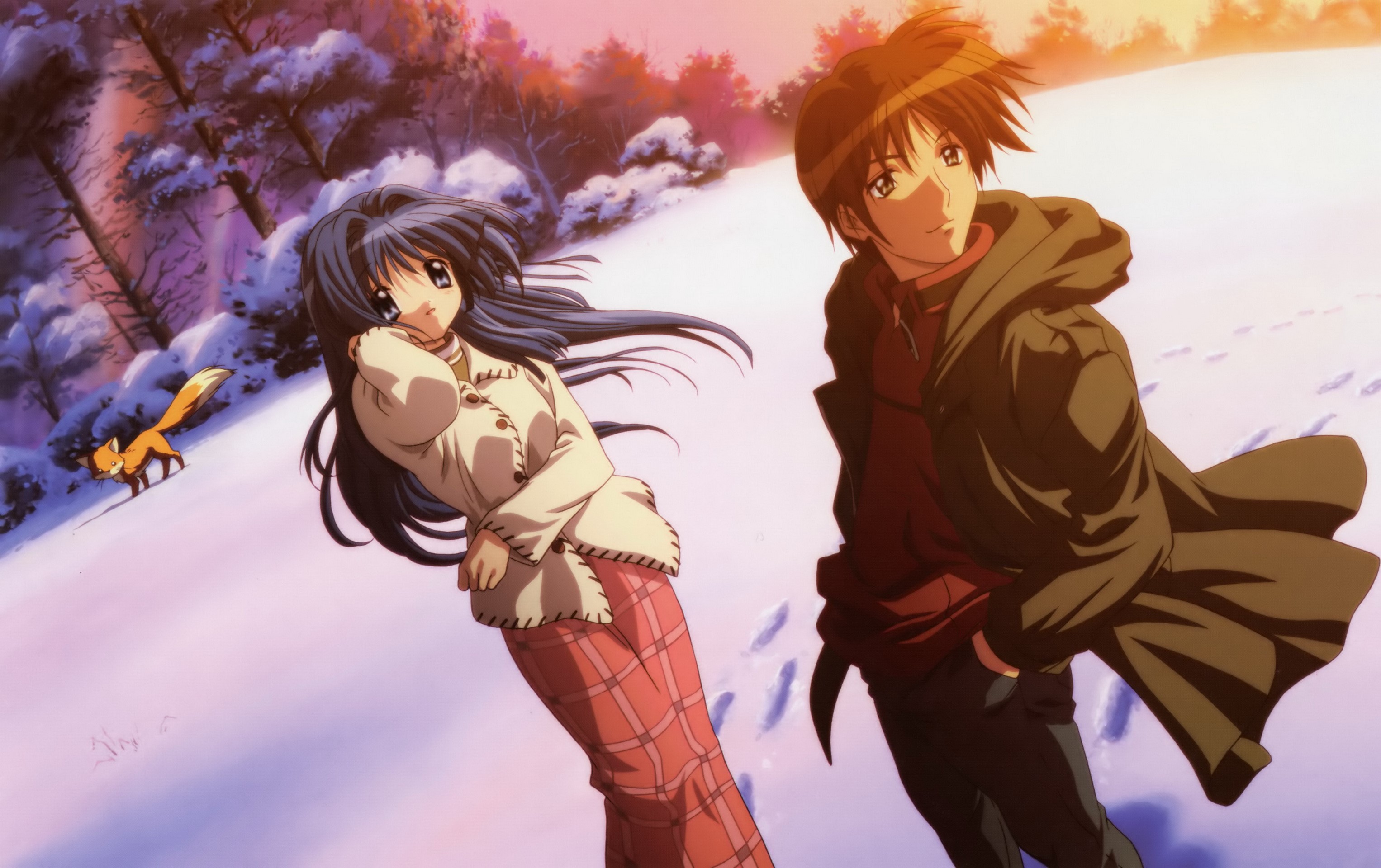Kanon: Young man and woman in snowy landscape with fox HD Wallpaper