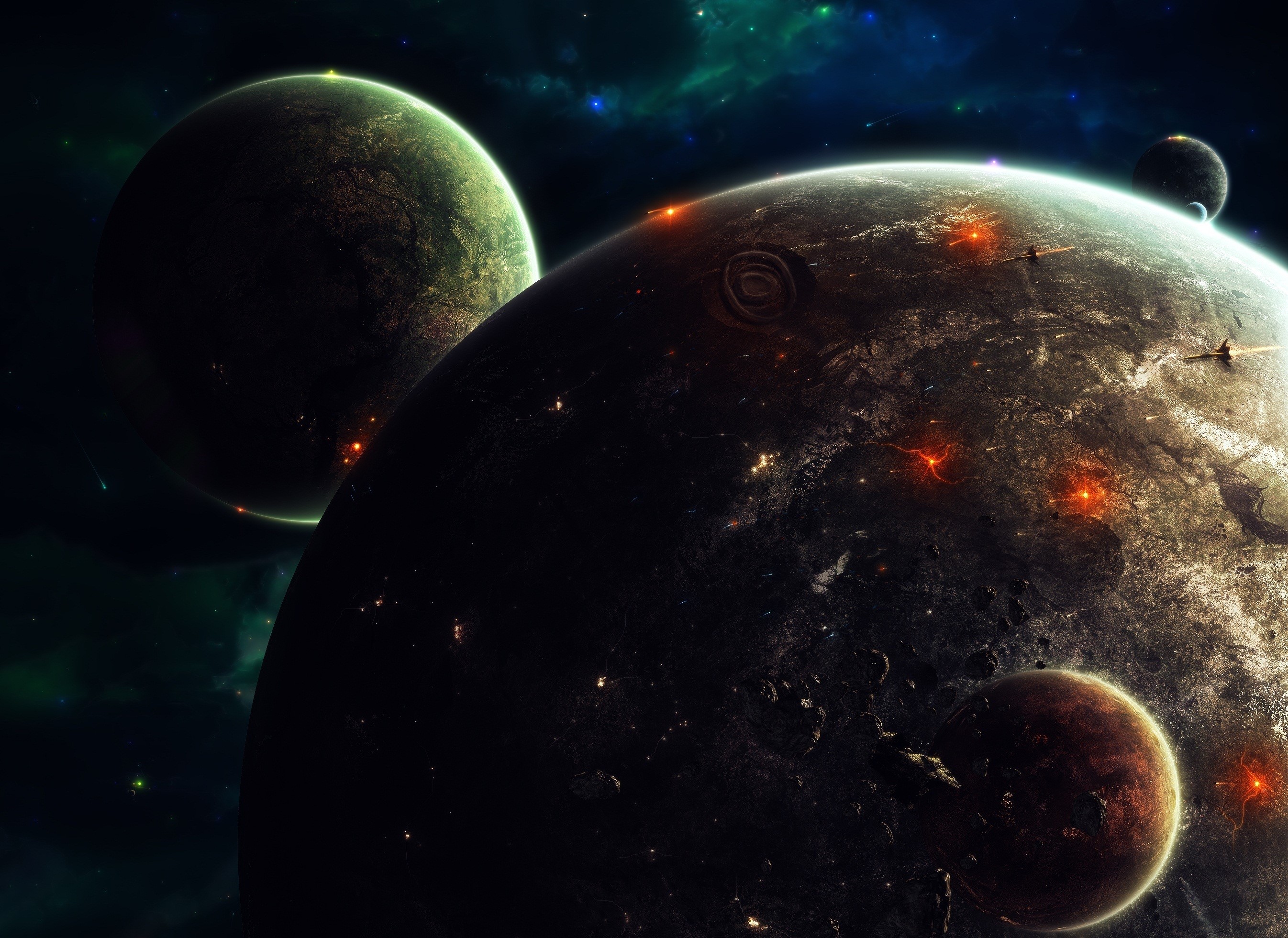 Planets in a nebula with glowing lights HD Wallpaper