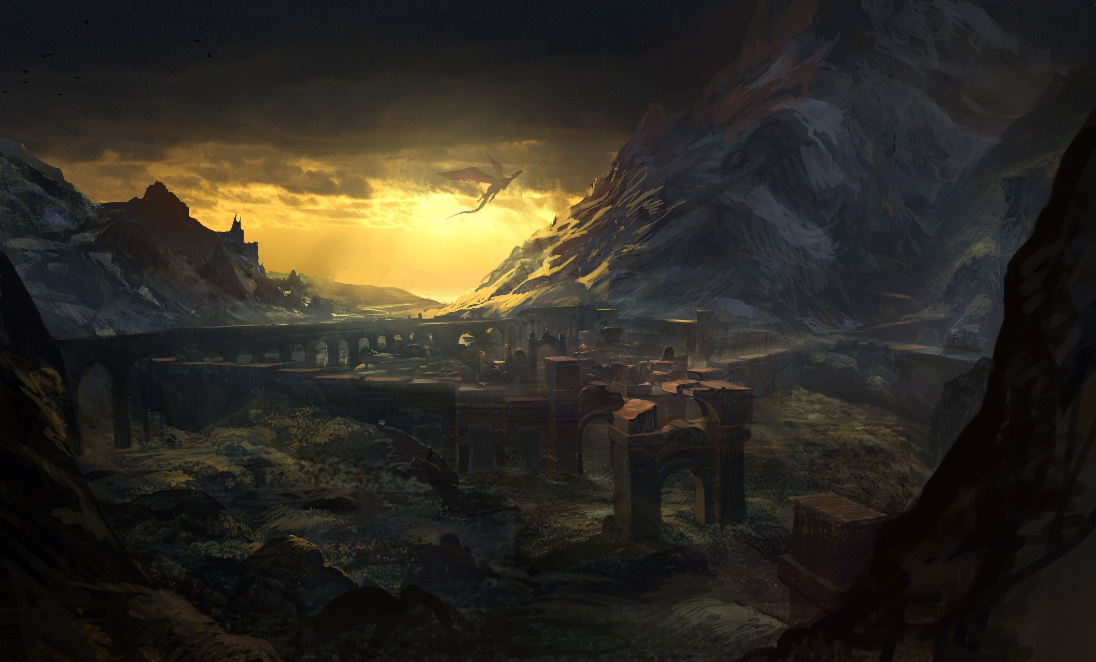 Dragon flying over ruins and mountains in The Witcher HD Wallpaper