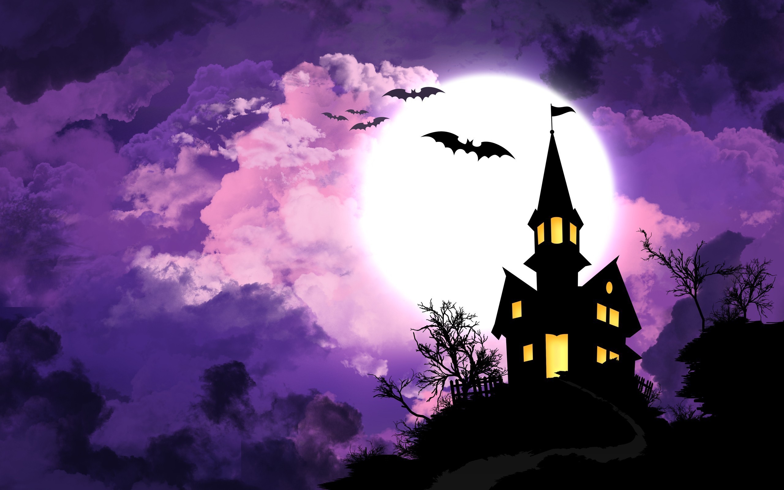 Halloween haunted house with full moon and bats HD Wallpaper