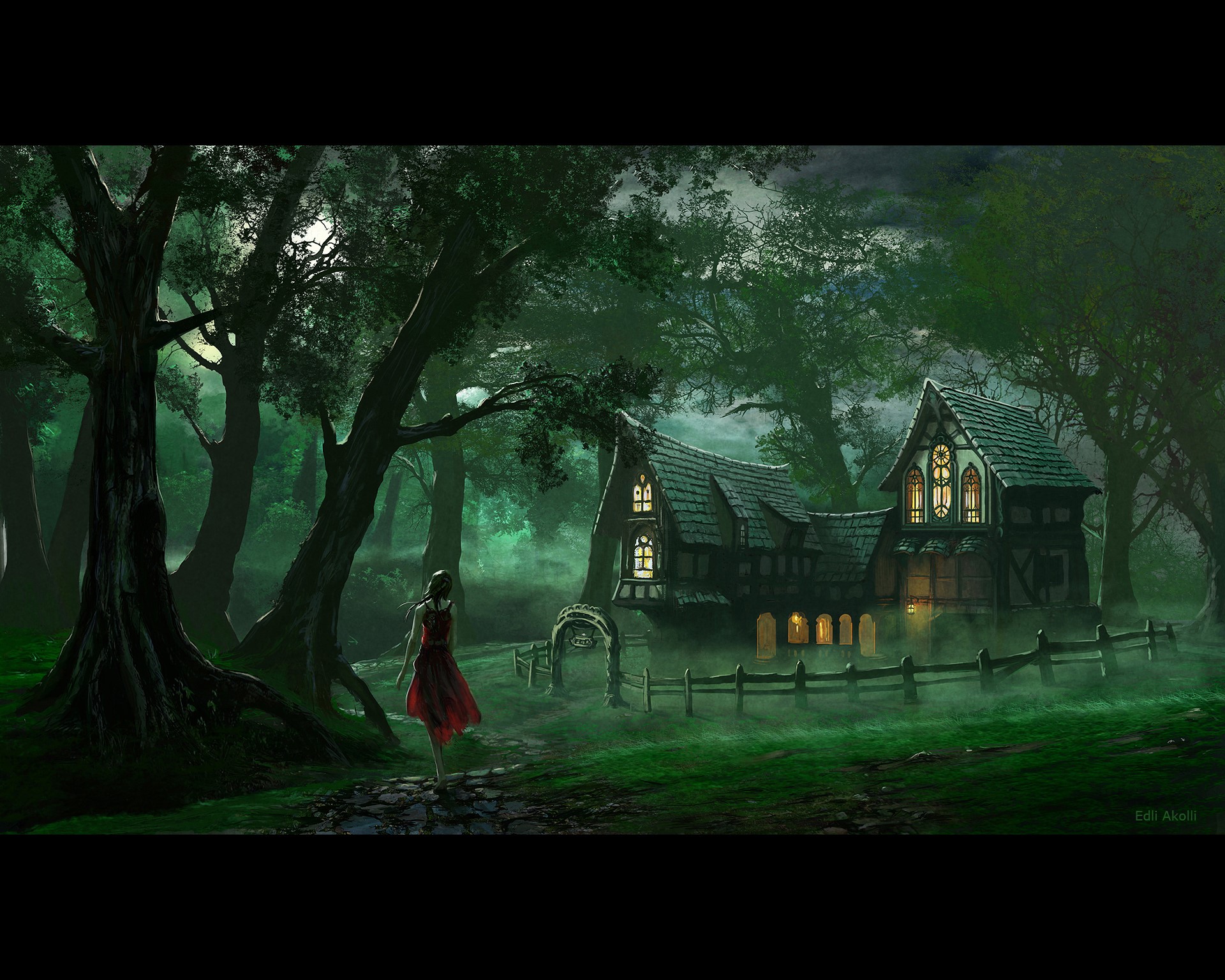 A woman in a red dress walks towards a fantasy house in a forest HD Wallpaper