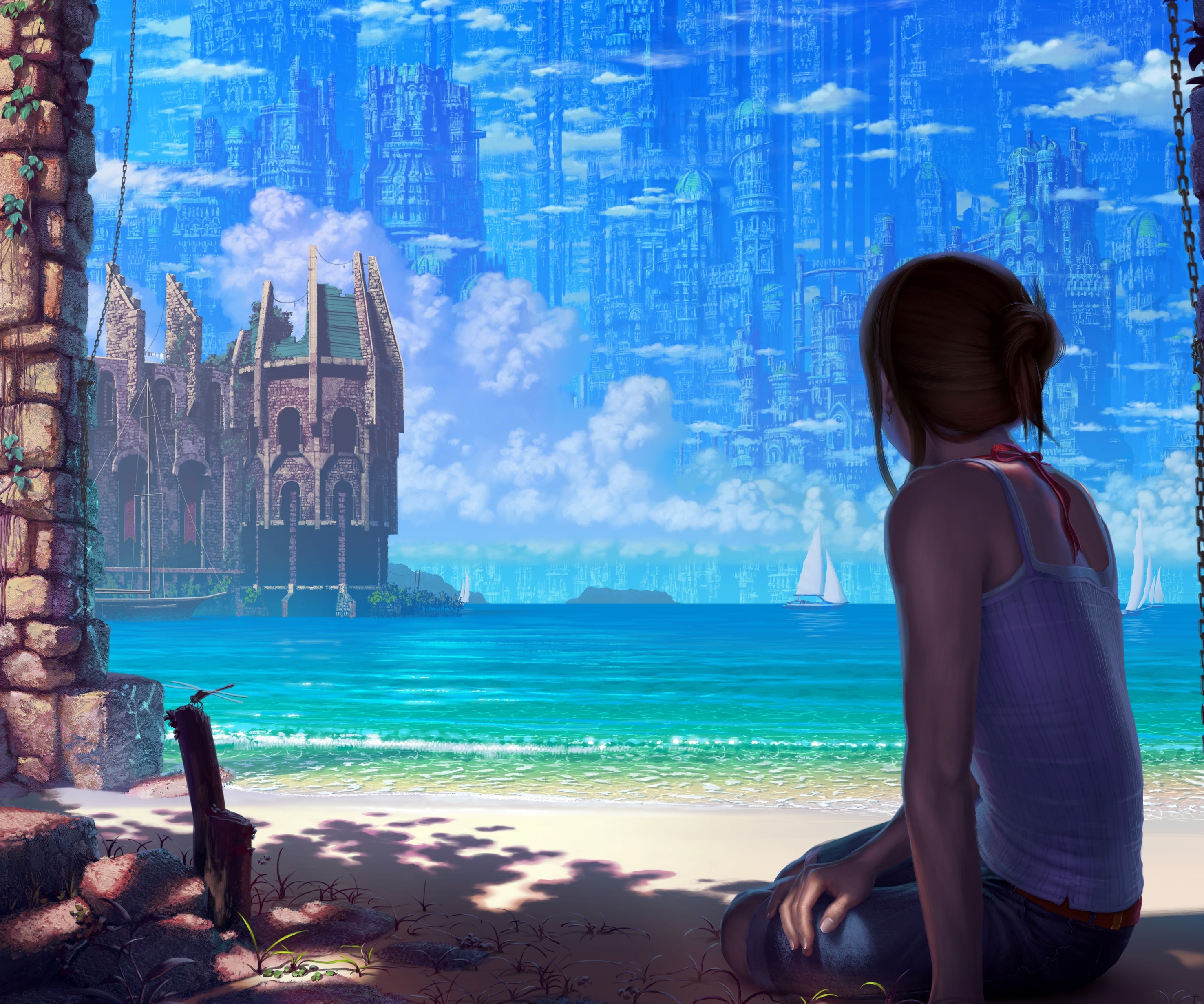 Girl looking at a fantastical city in the sky HD Wallpaper