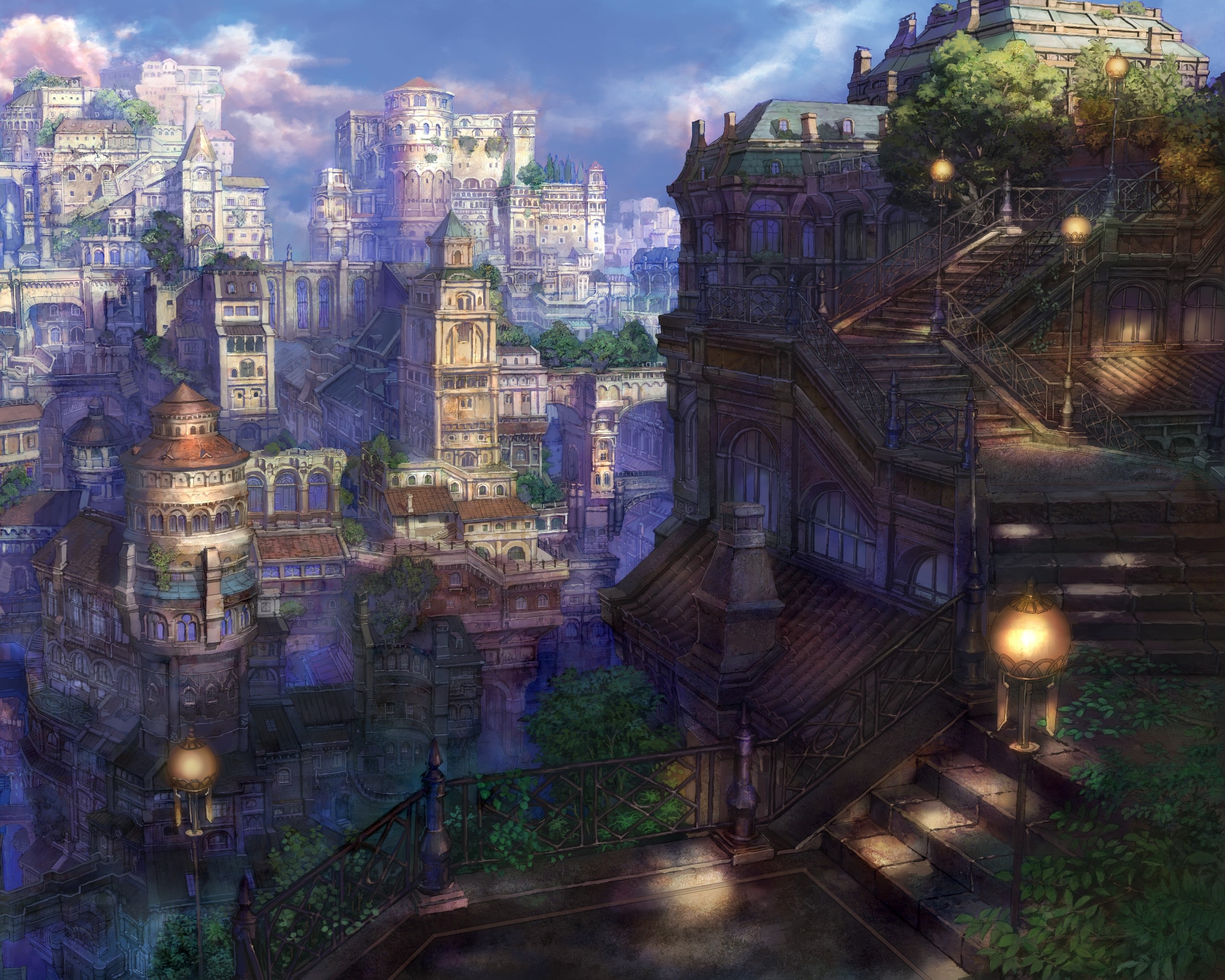 Fantasy city with ornate architecture and glowing lamps HD Wallpaper