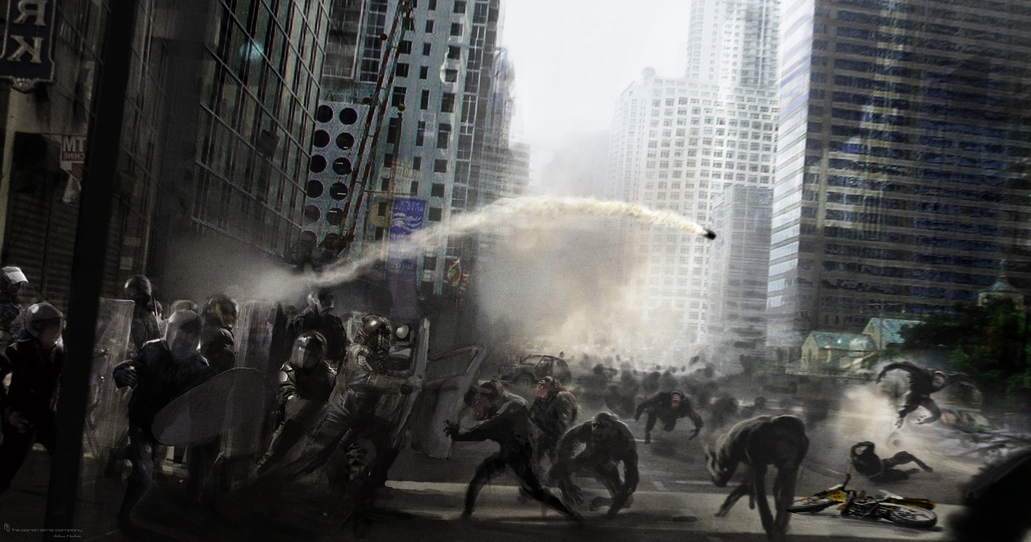 Riot police confronting apes in a city HD Wallpaper