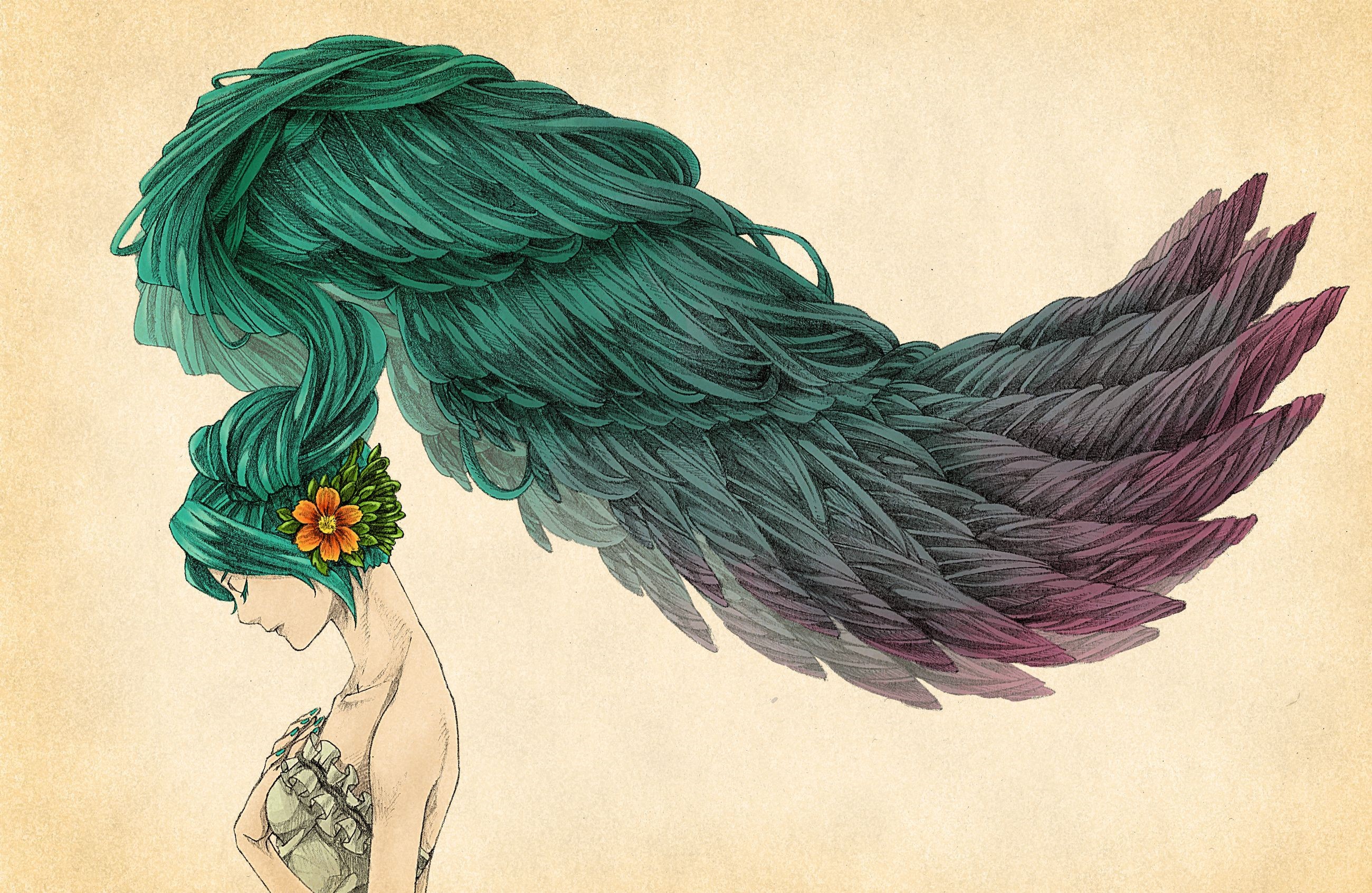 Girl with green hair and wing-like hair HD Wallpaper