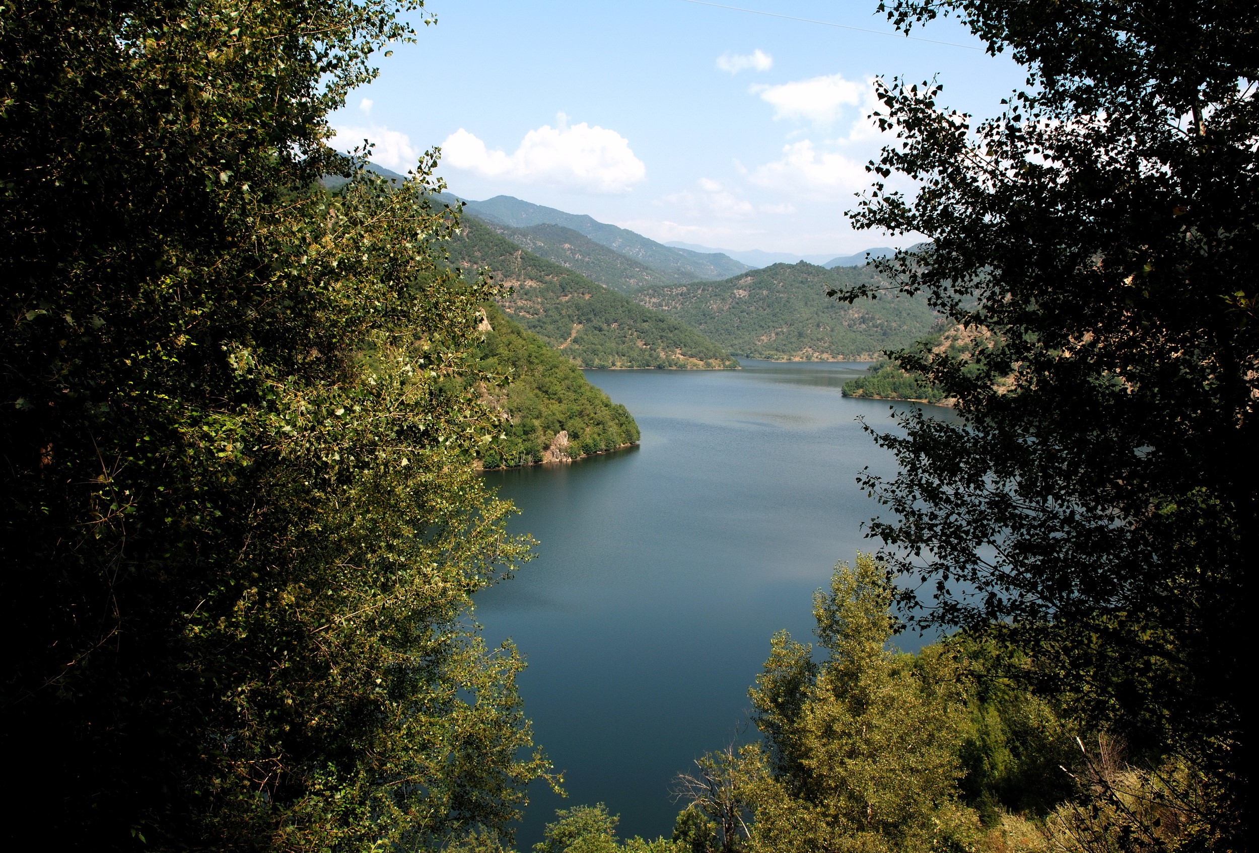 Lake surrounded by green mountains and trees HD Wallpaper