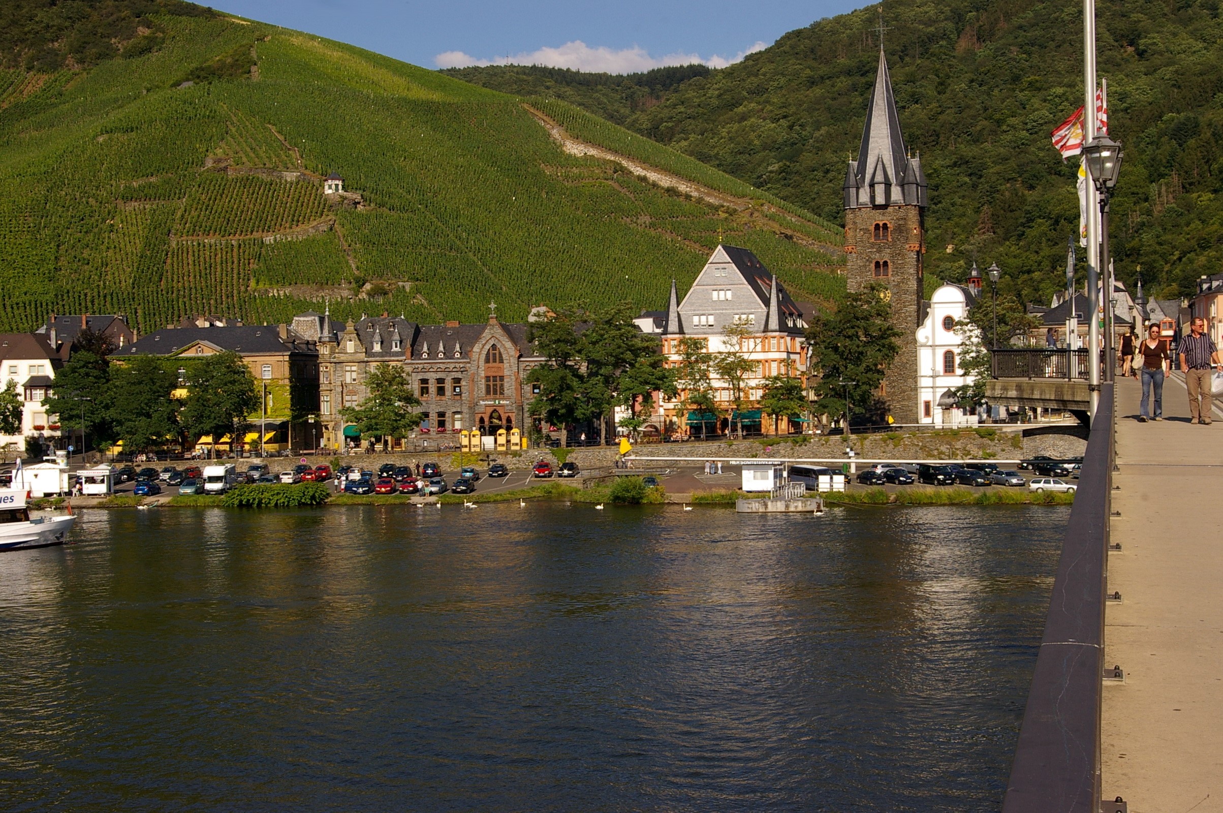 Riverfront town with vineyards in Germany HD Wallpaper