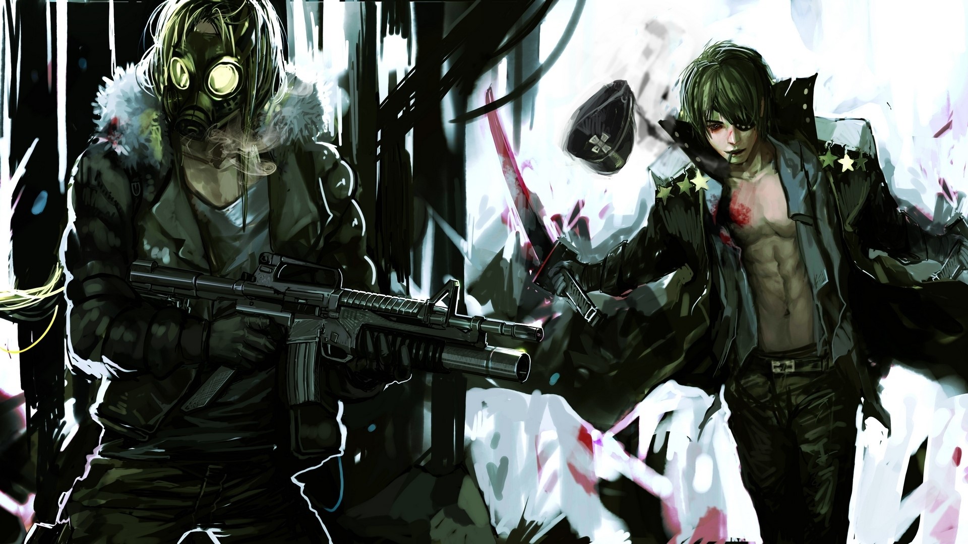 Two anime characters in a dark, post-apocalyptic setting HD Wallpaper