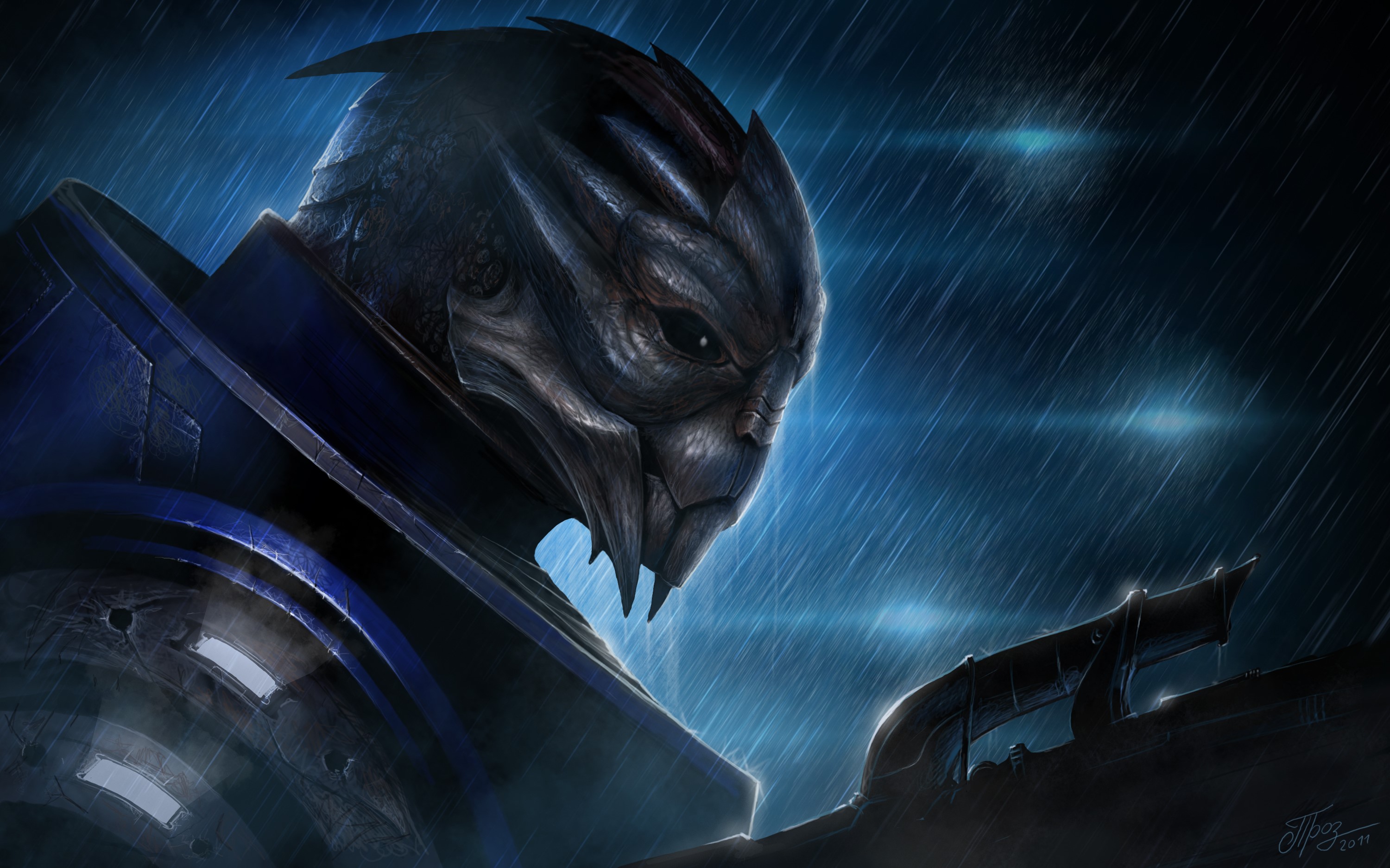 Garrus Vakarian from Mass Effect 3 in the rain HD Wallpaper