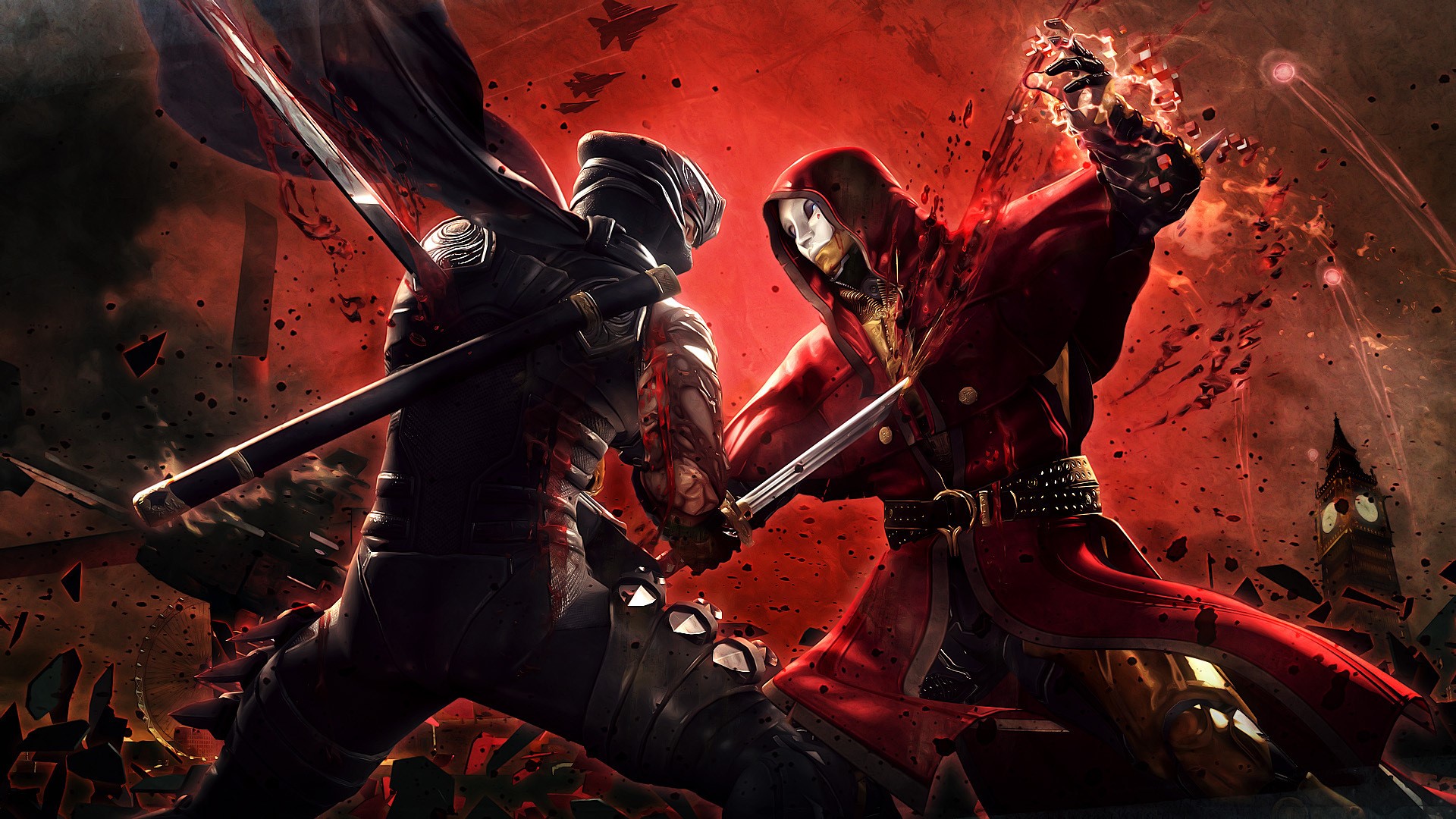 Two ninjas fighting with swords in a red, explosive environment HD Wallpaper