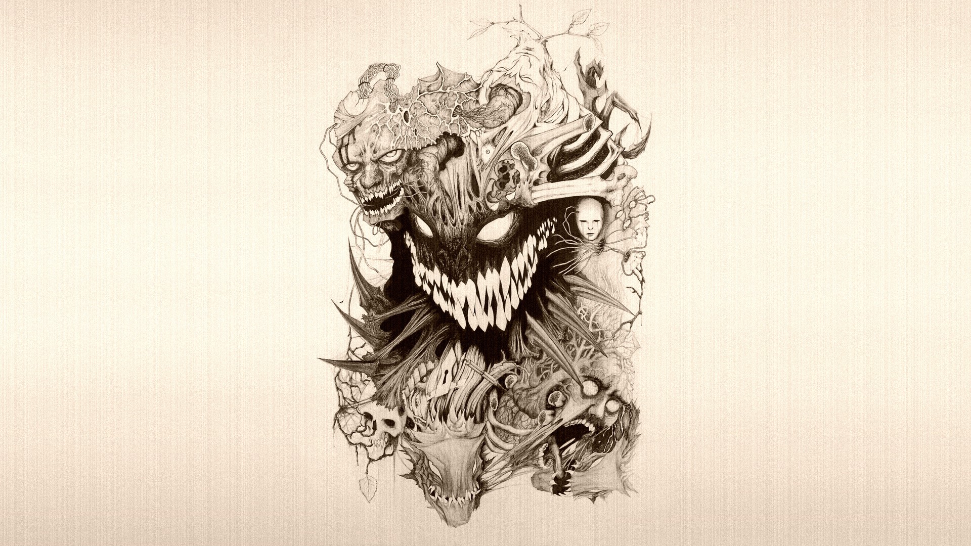 A collage of monstrous creatures and faces HD Wallpaper