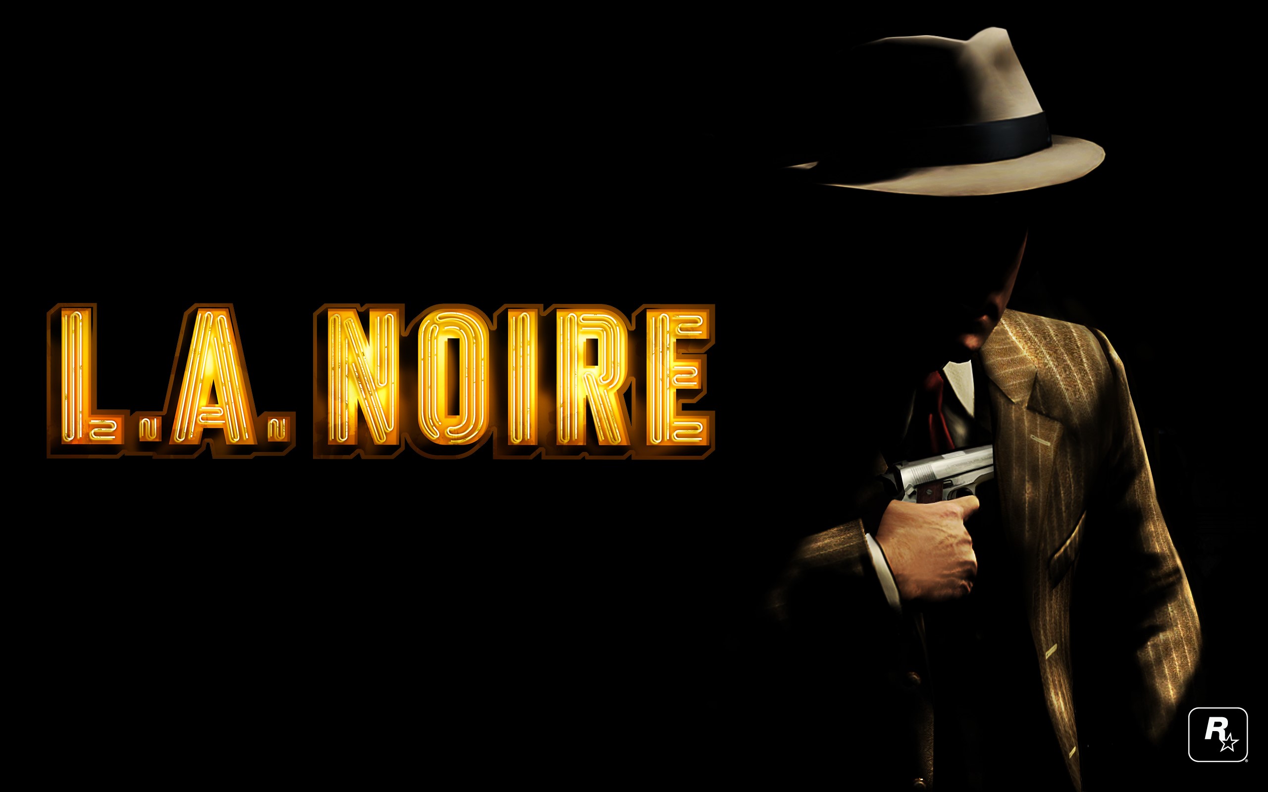 L.A. Noire game title with a man holding a gun HD Wallpaper