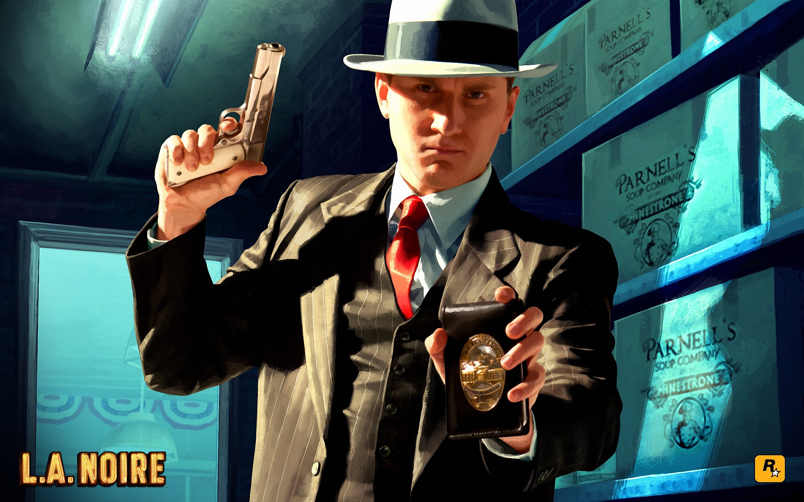 Detective Cole Phelps from L.A. Noire holding a gun and badge HD Wallpaper