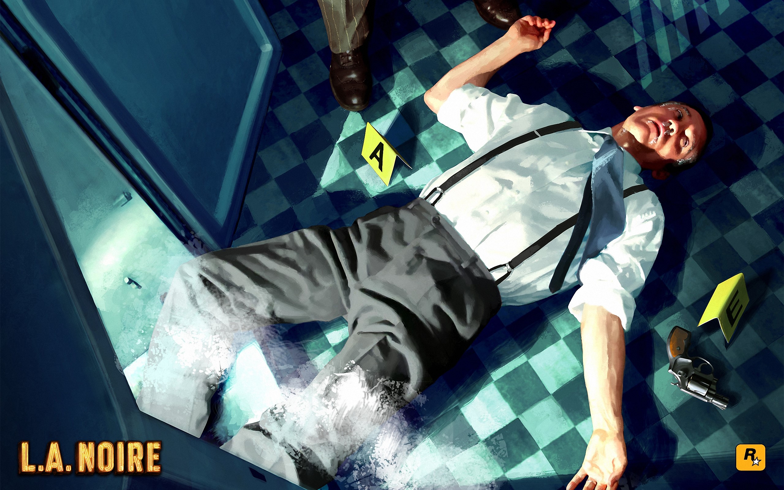 L.A. Noire crime scene with victim and evidence markers HD Wallpaper