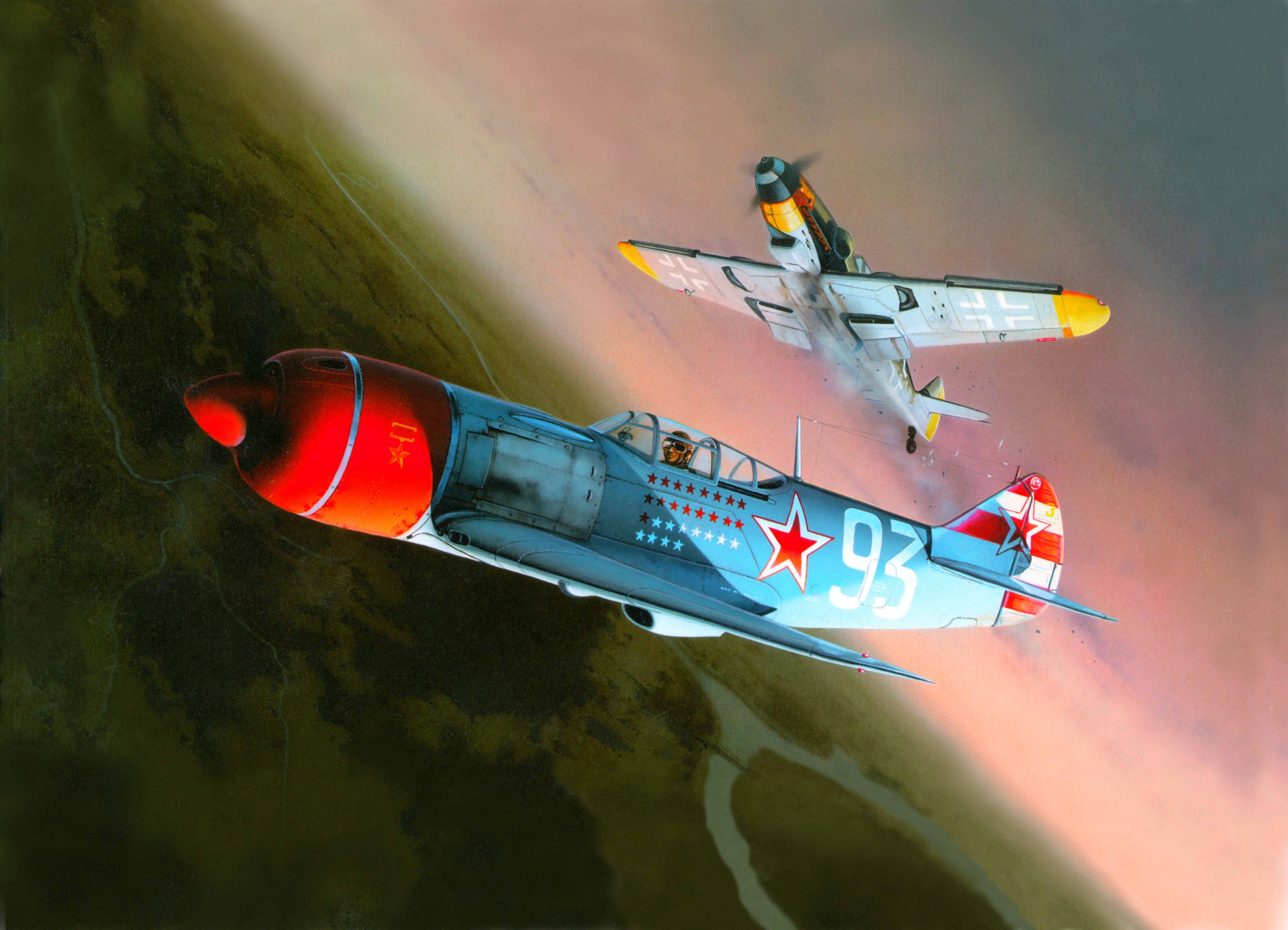 Painting of Soviet and German fighter planes in combat HD Wallpaper