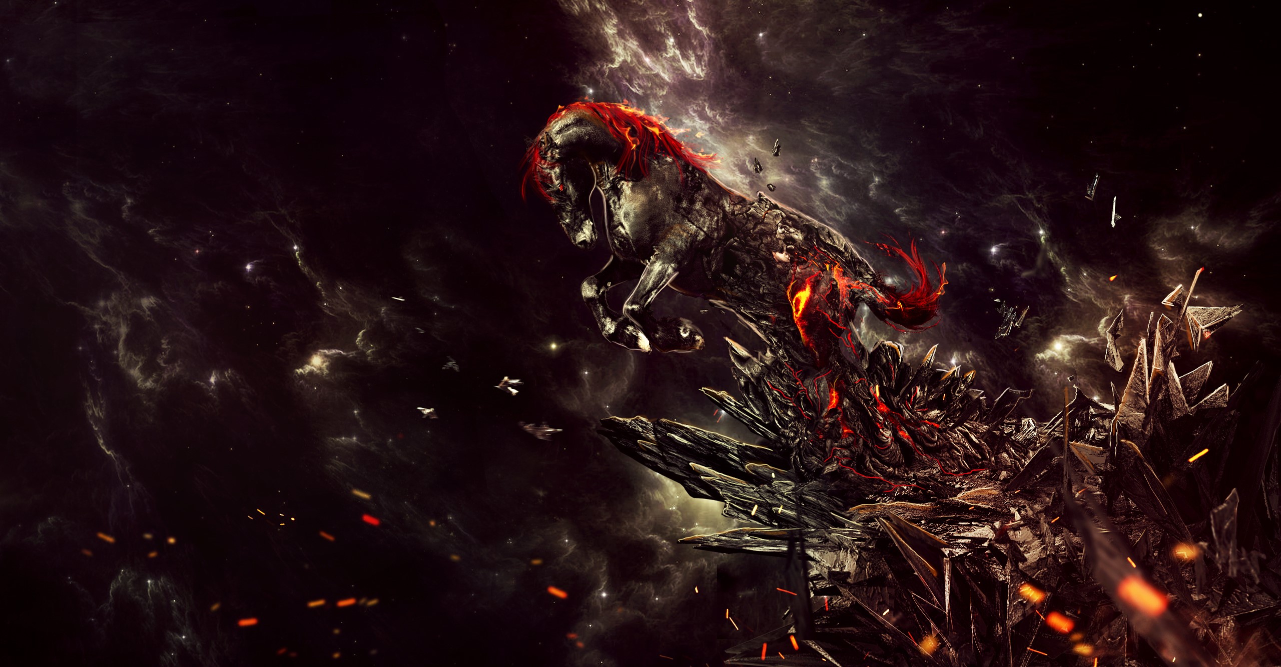 Fiery horse leaping from rocky debris in space HD Wallpaper